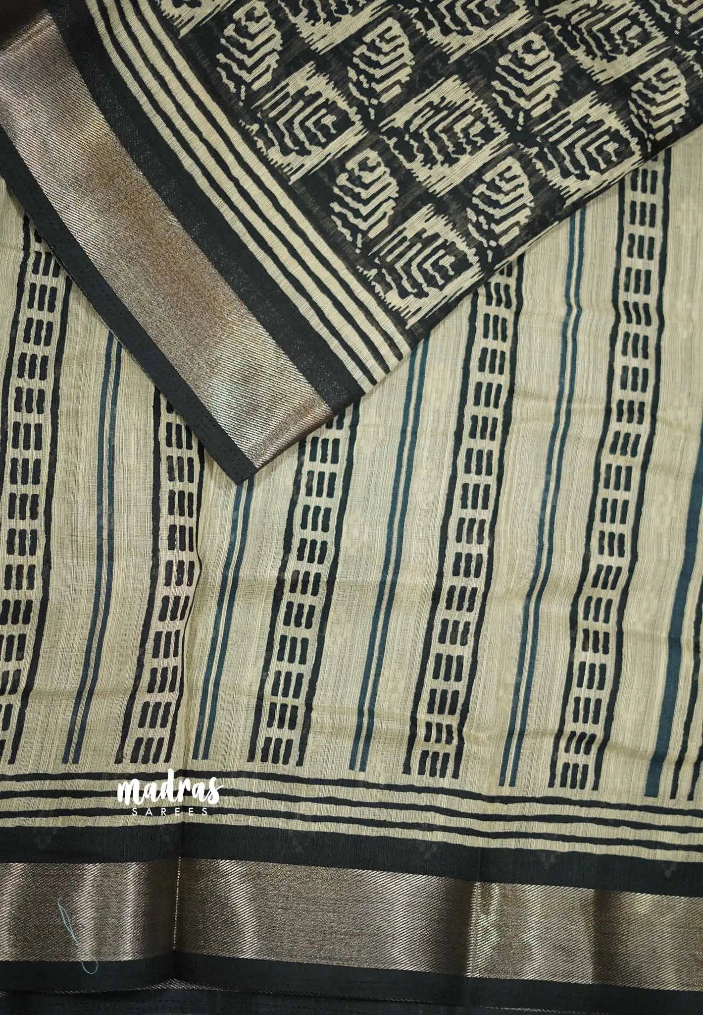 Blended linen cotton Saree chikku and black combo - Design 1