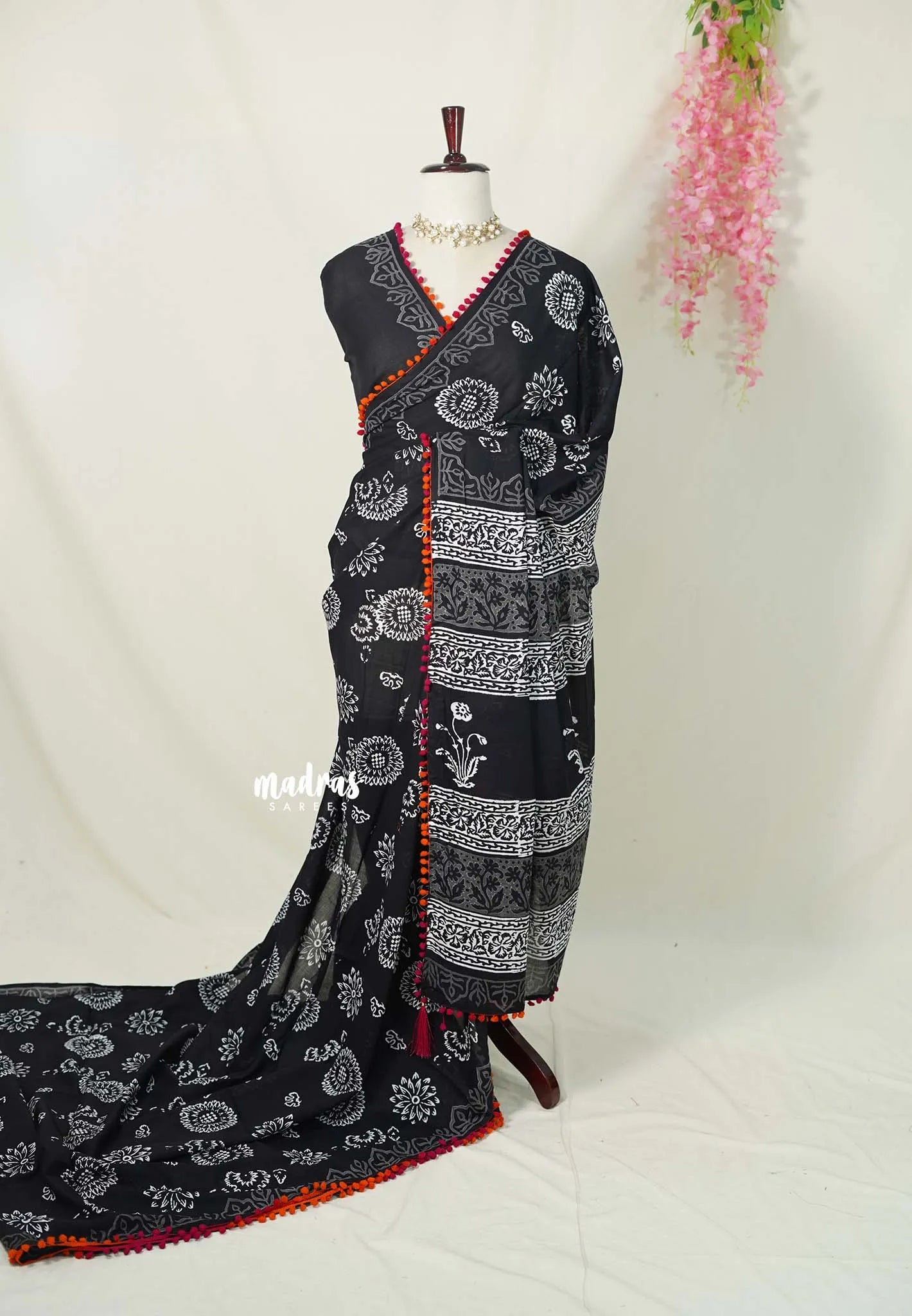 Nightfall Black - Pure Mul Cotton Saree with Floral Prints with Pompom - Perfect for Office Wear | Casual Wear