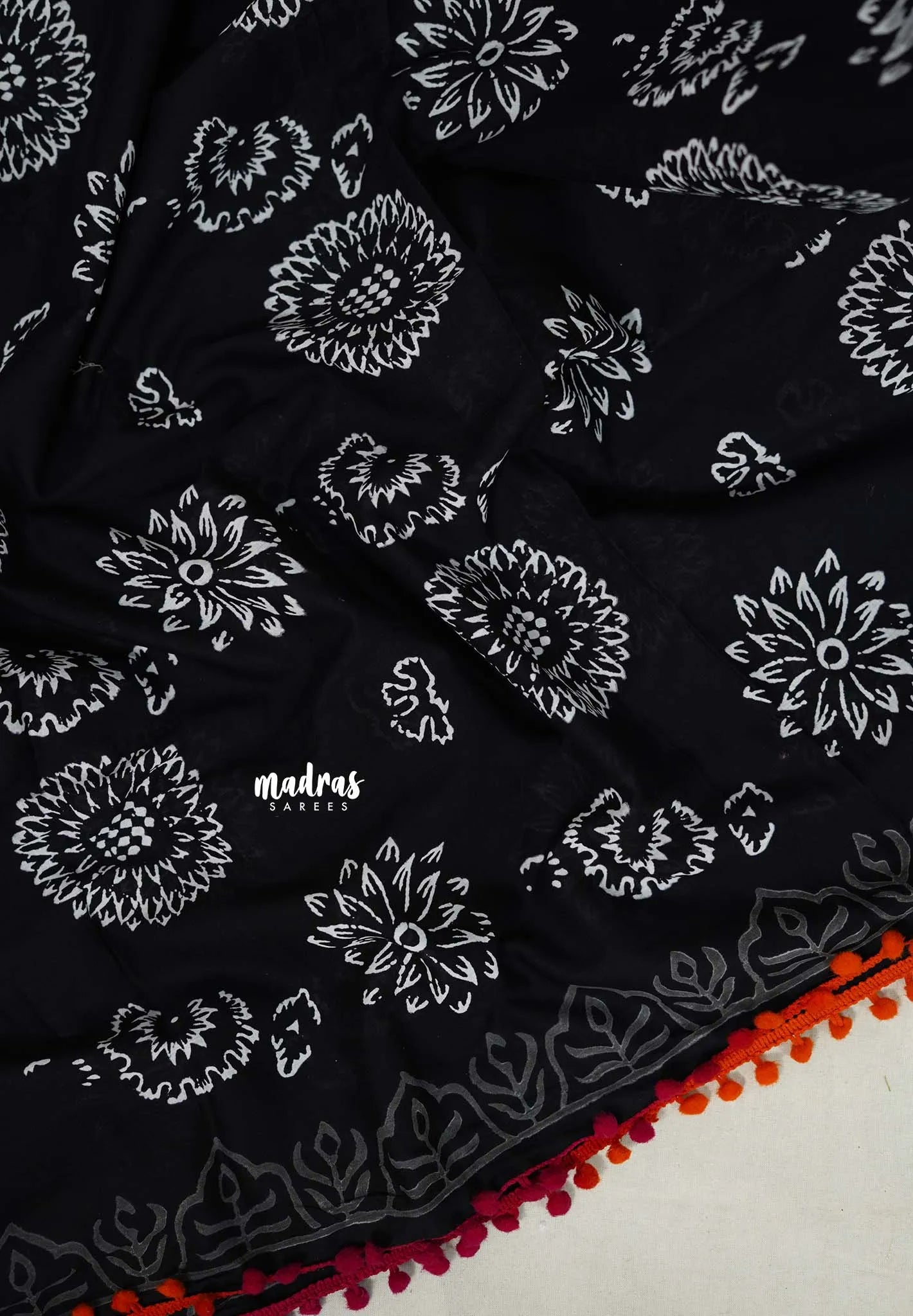 Nightfall Black - Pure Mul Cotton Saree with Floral Prints with Pompom - Perfect for Office Wear | Casual Wear