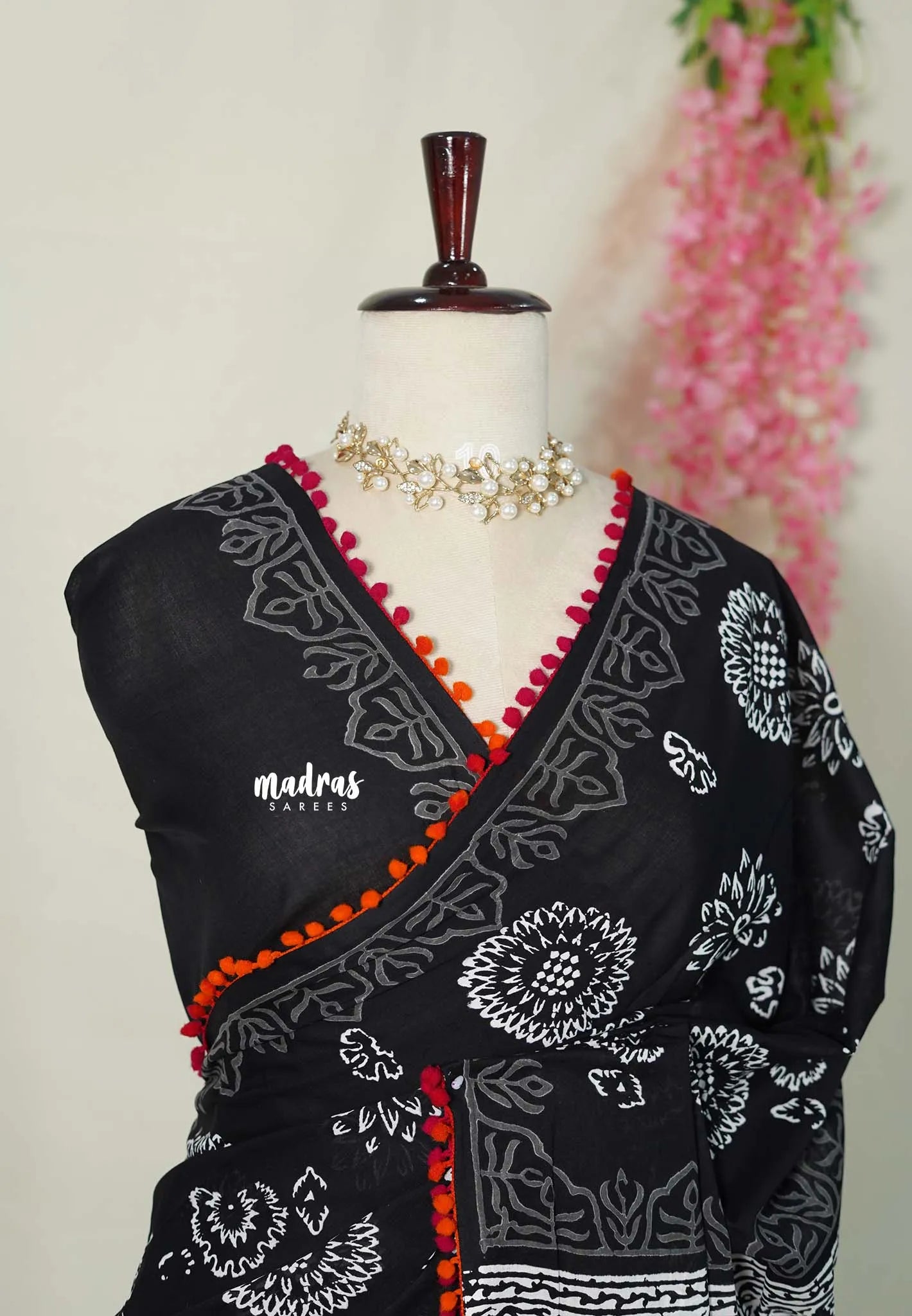 Nightfall Black - Pure Mul Cotton Saree with Floral Prints with Pompom - Perfect for Office Wear | Casual Wear