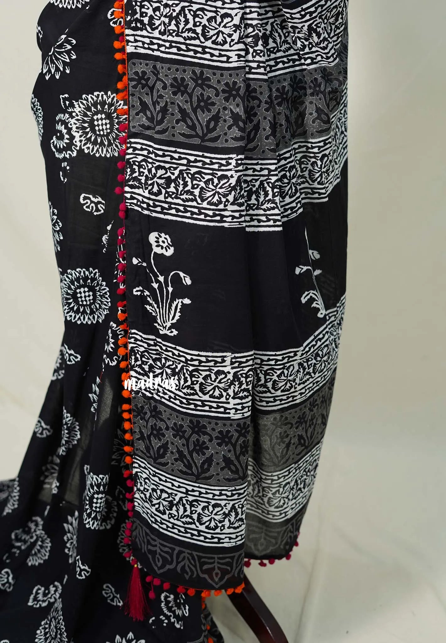 Nightfall Black - Pure Mul Cotton Saree with Floral Prints with Pompom - Perfect for Office Wear | Casual Wear