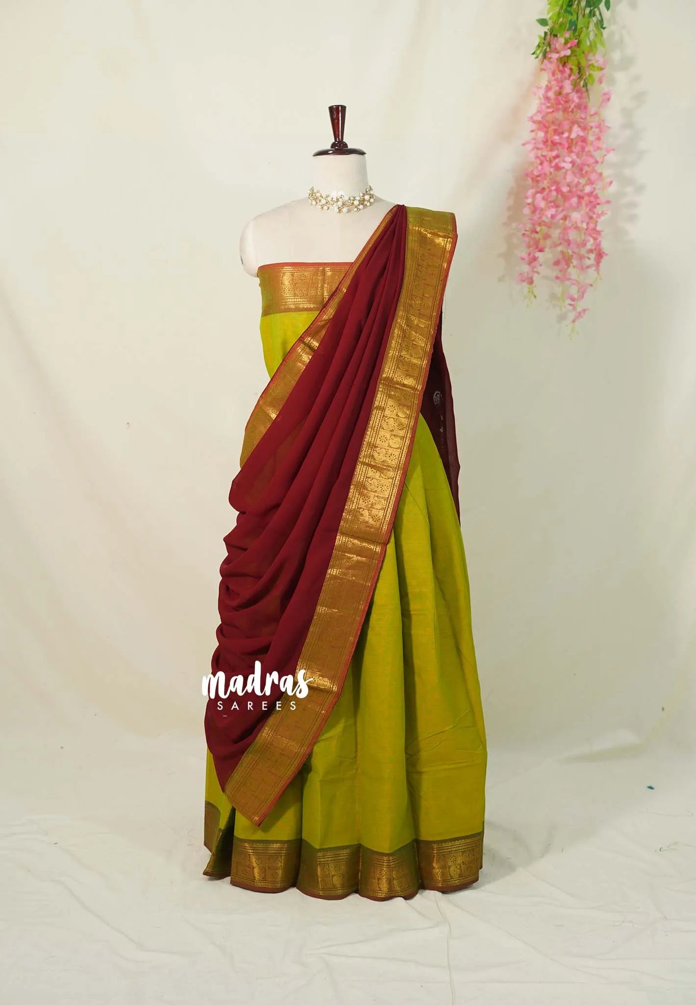Dual Shade Mehndi Green - Karthigai Silk Cotton Pavadai Thavani / Half saree Set - Unstitched - Devasena