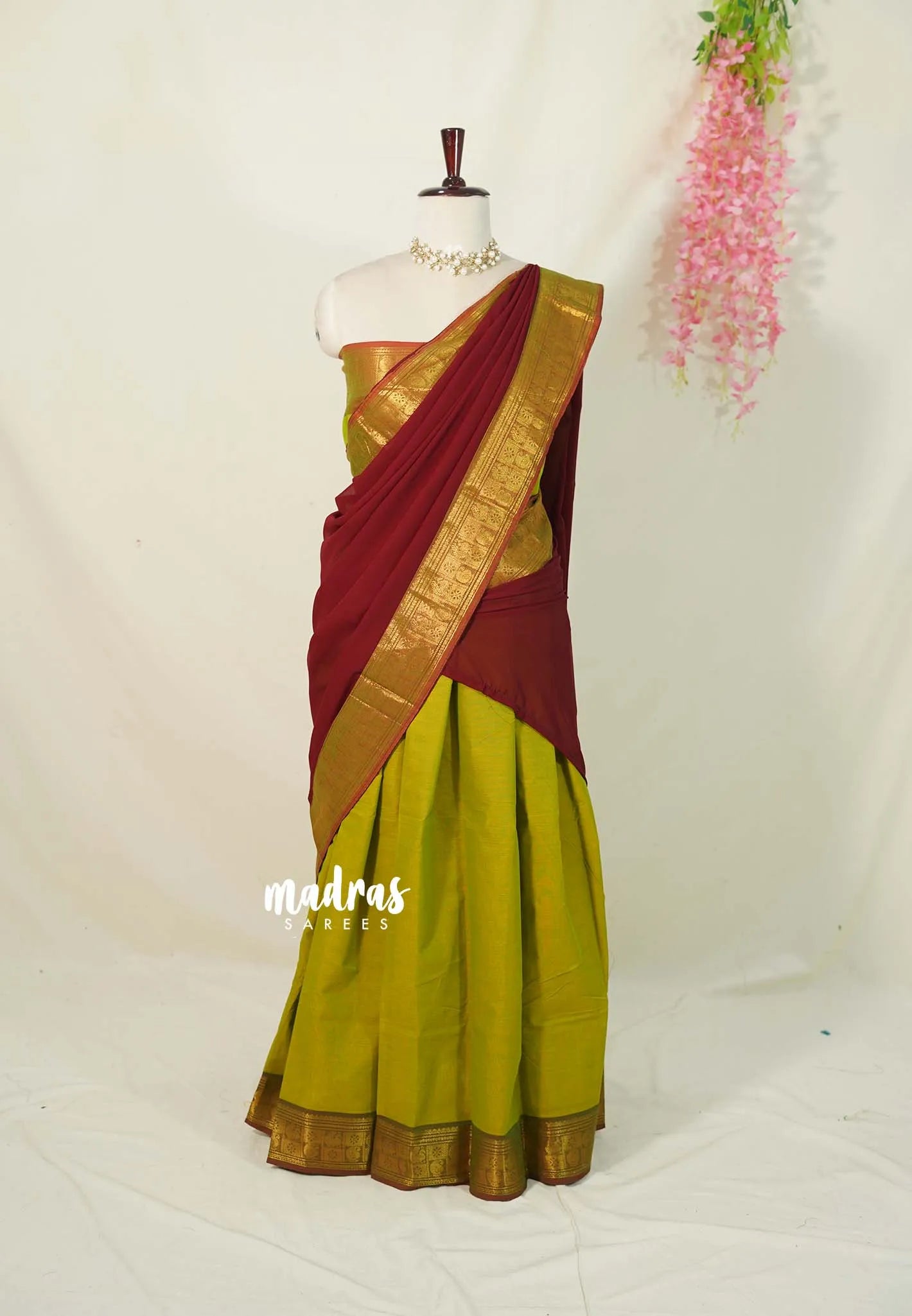 Dual Shade Mehndi Green - Karthigai Silk Cotton Pavadai Thavani / Half saree Set - Unstitched - Devasena