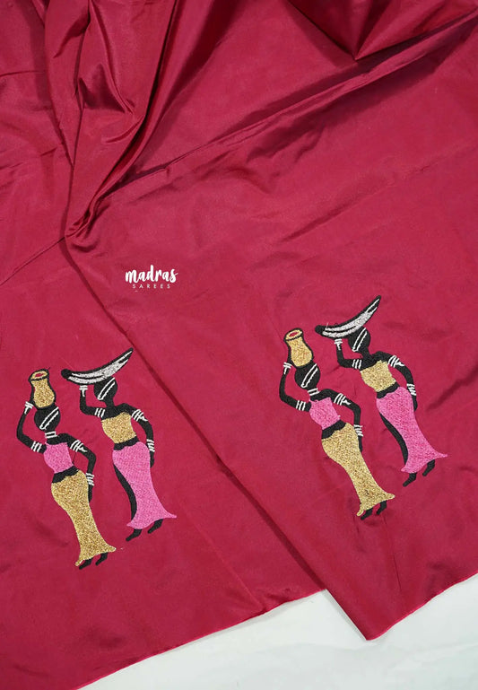 Beetroot pink - Mayuri - 1 mtr Silk Cotton Embroidered Blouse Piece – Village Folk Art Motif