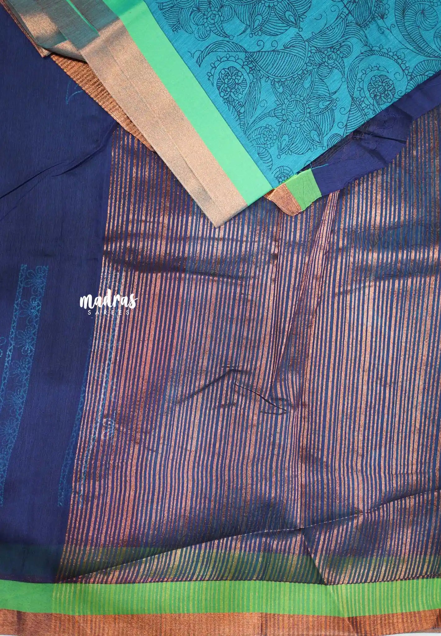 Haasini - Soft Bamboo cotton pen kalamkari Saree with embroidery blouse - Peaock blue skirt border