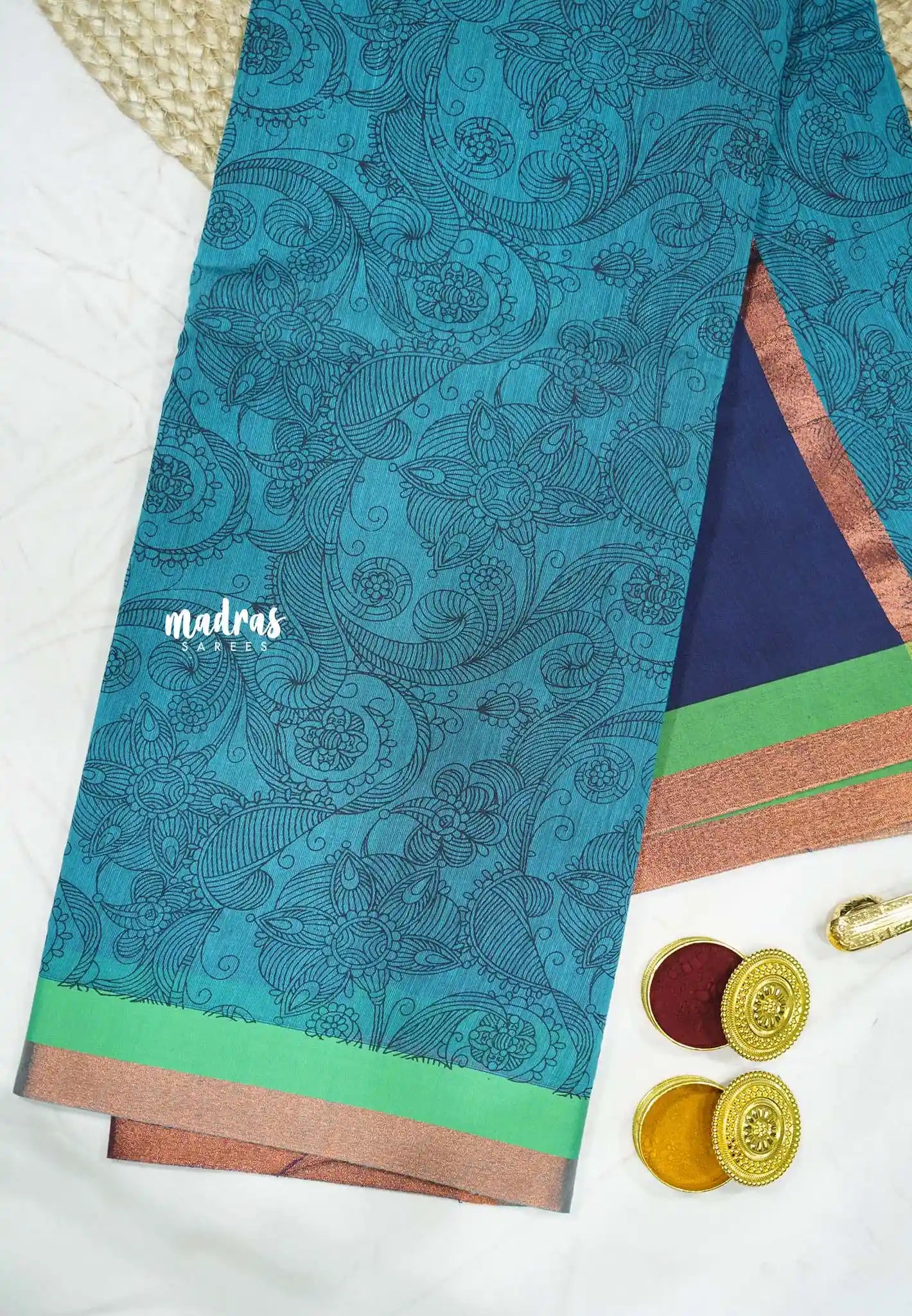 Haasini - Soft Bamboo cotton pen kalamkari Saree with embroidery blouse - Peaock blue skirt border