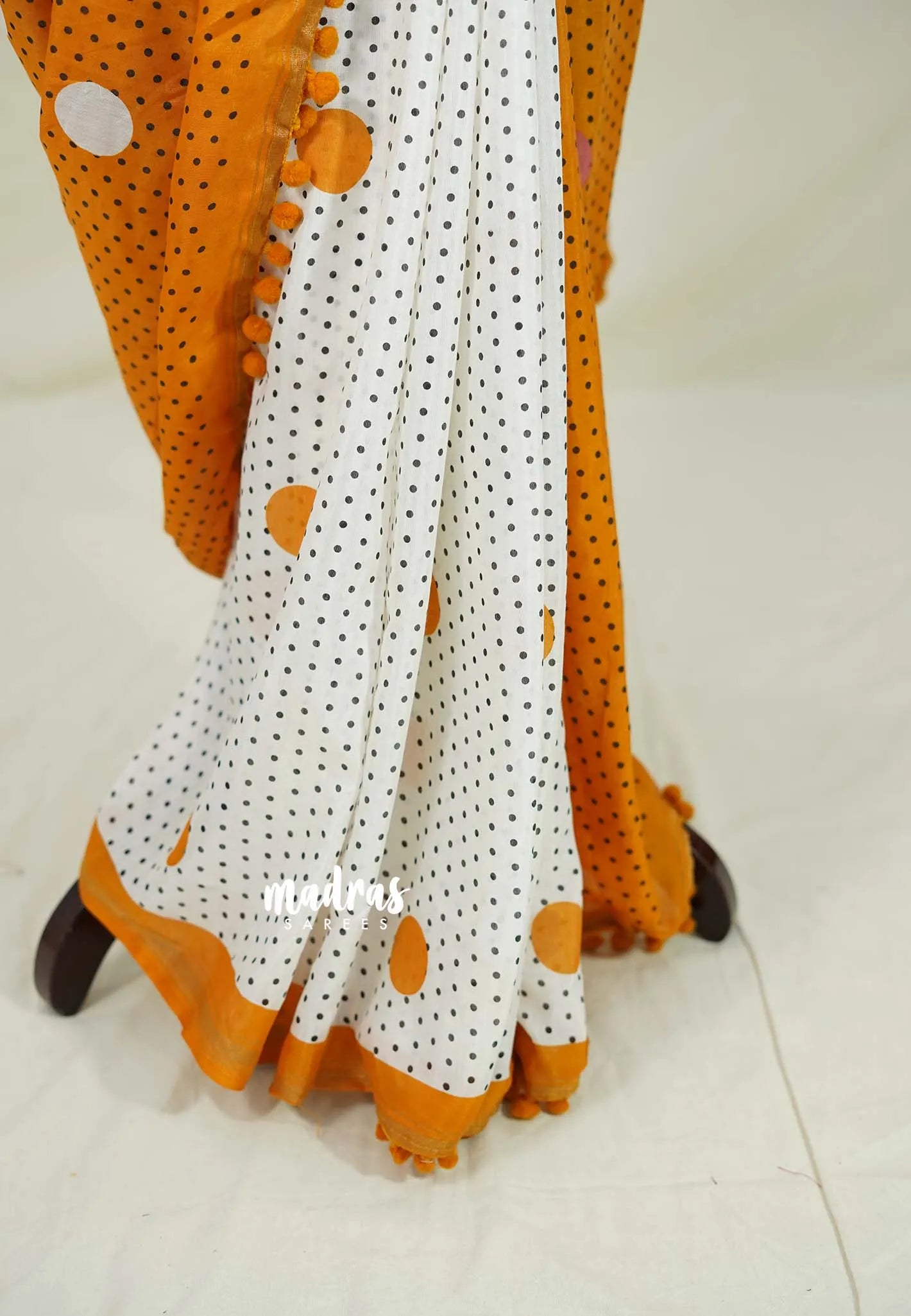 White with Yellowish Orange - Isha - Chanderi Cotton Saree Half and Half Design with Pompoms - Best for Casual Wear