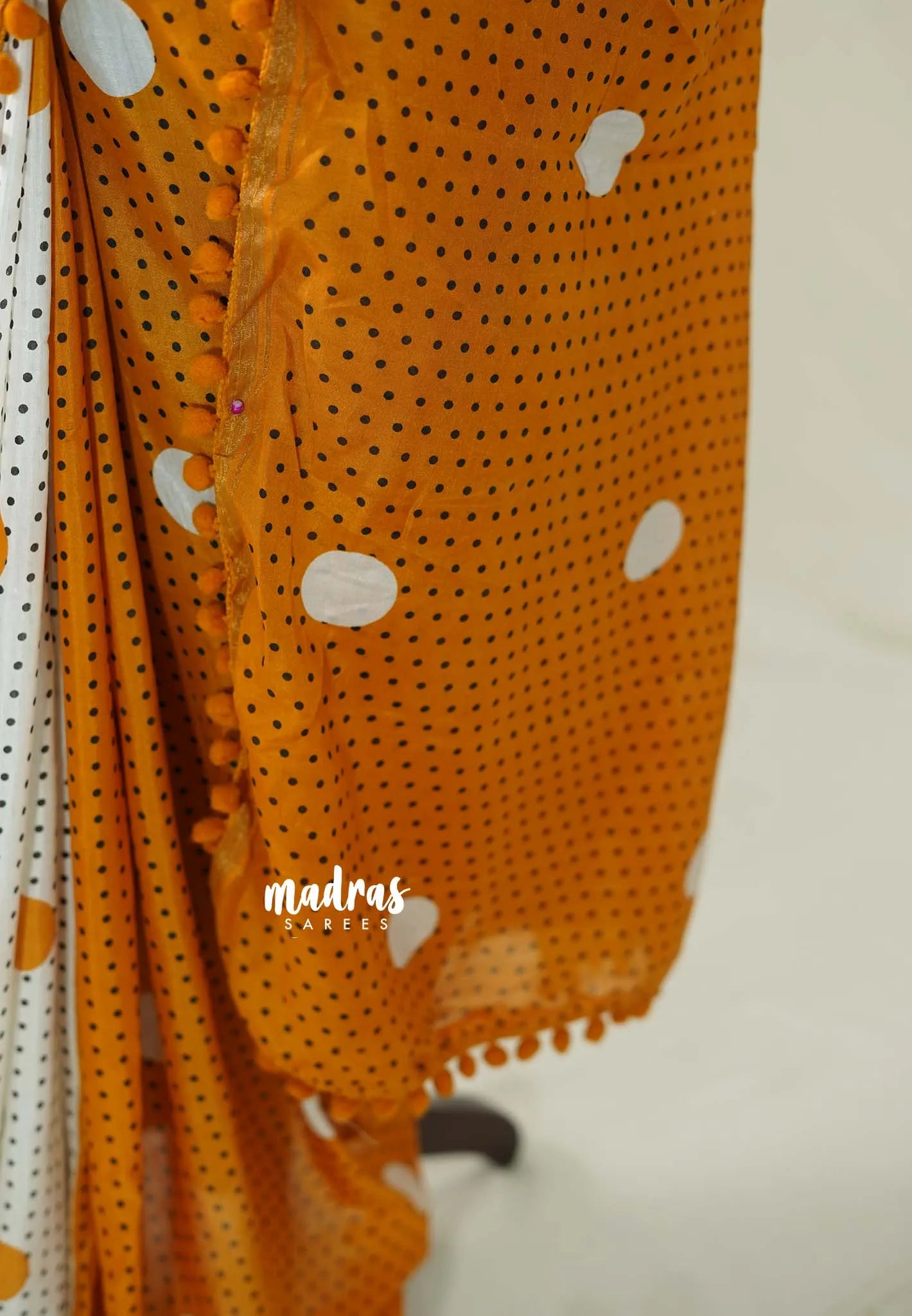 White with Yellowish Orange - Isha - Chanderi Cotton Saree Half and Half Design with Pompoms - Best for Casual Wear