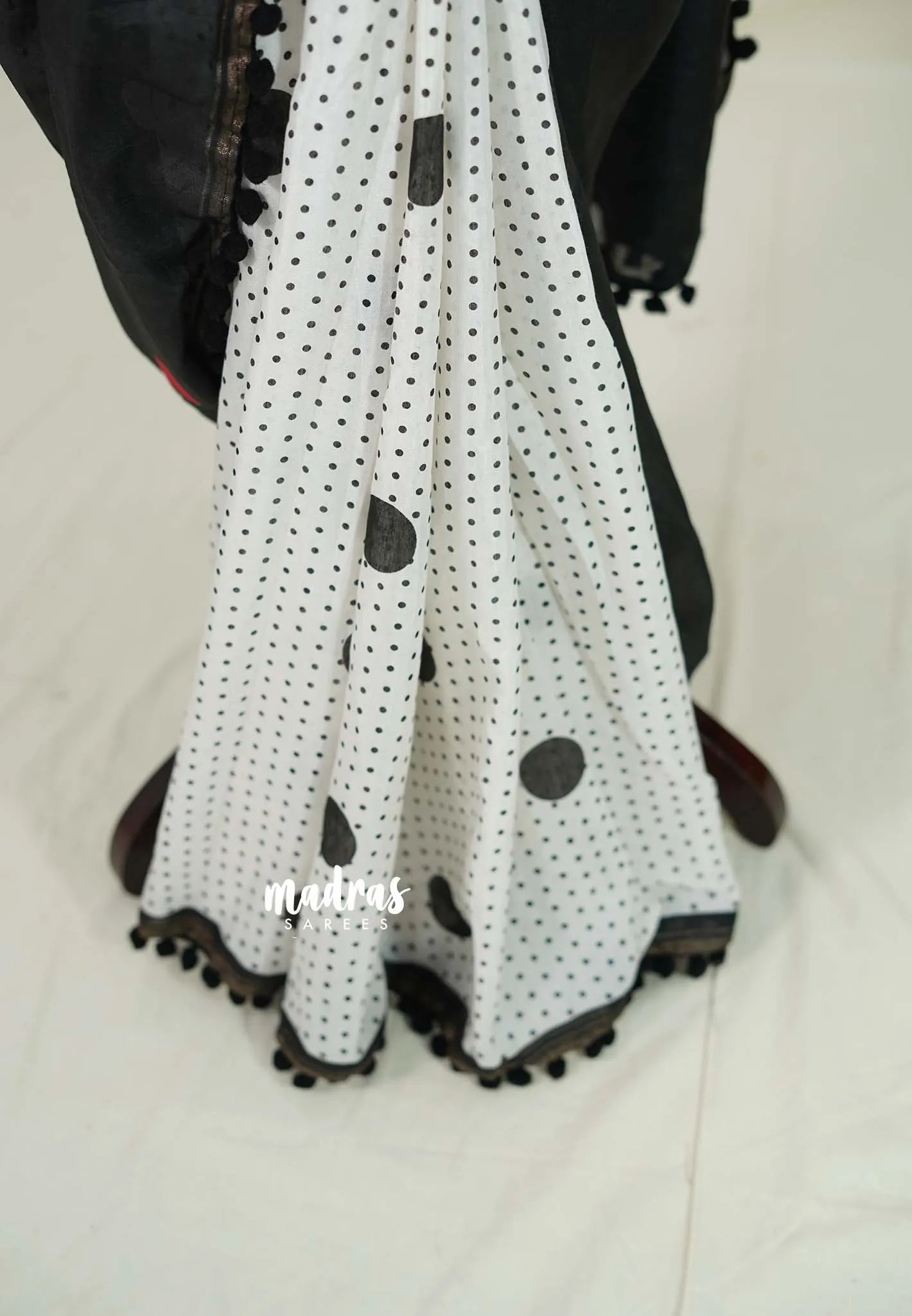 White with Black - Isha - Chanderi Cotton Saree Half and Half Design with Pompoms - Best for Casual Wear