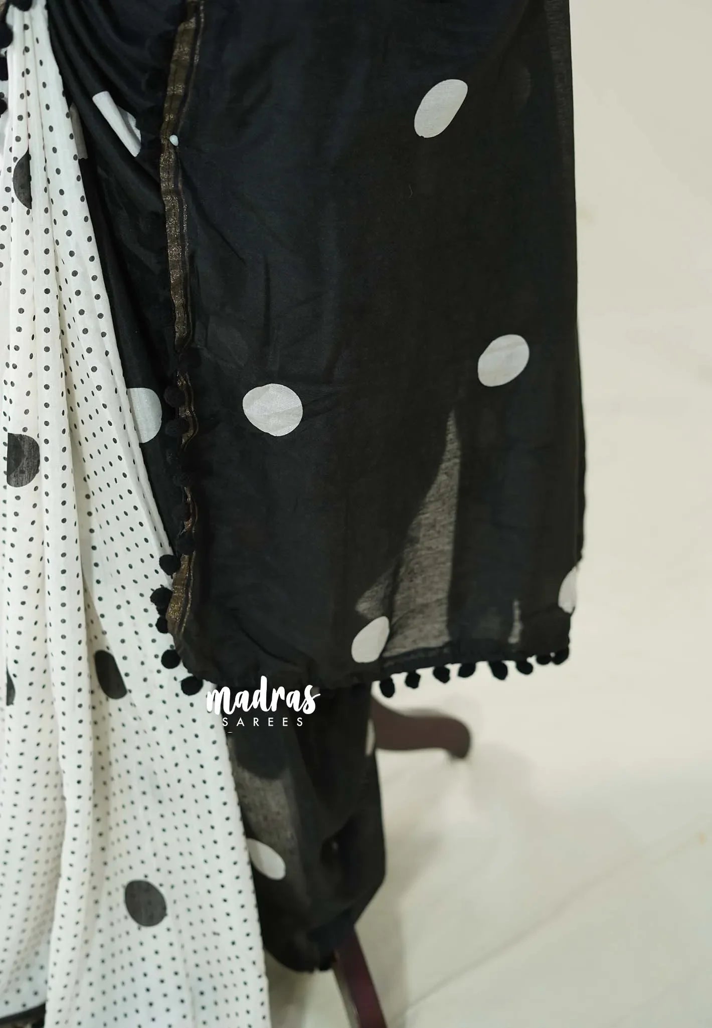 White with Black - Isha - Chanderi Cotton Saree Half and Half Design with Pompoms - Best for Casual Wear