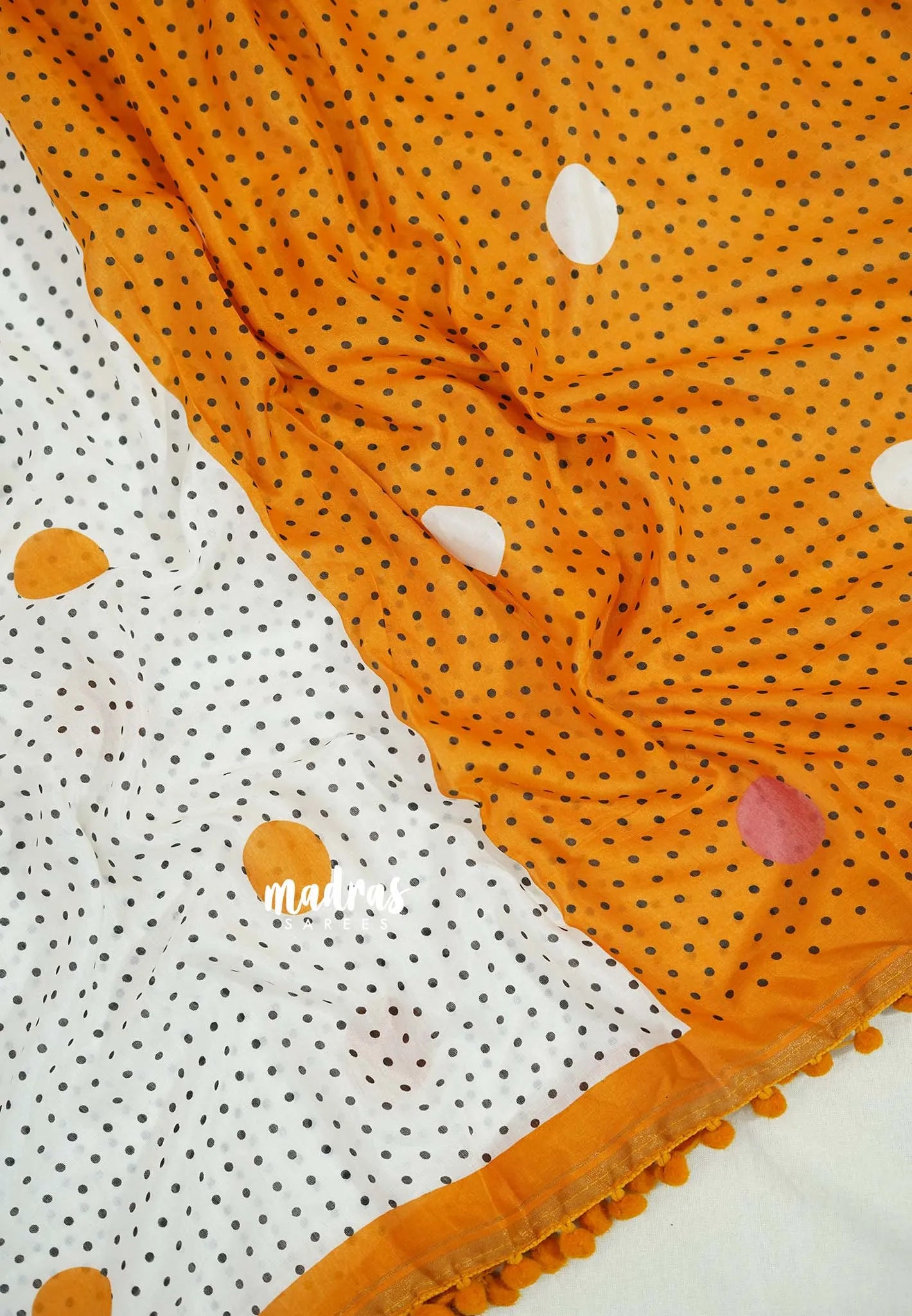White with Yellowish Orange - Isha - Chanderi Cotton Saree Half and Half Design with Pompoms - Best for Casual Wear