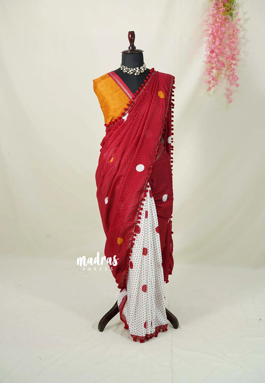 White with Cherry Red - Isha - Chanderi Cotton Saree Half and Half Design with Pompoms - Best for Casual Wear