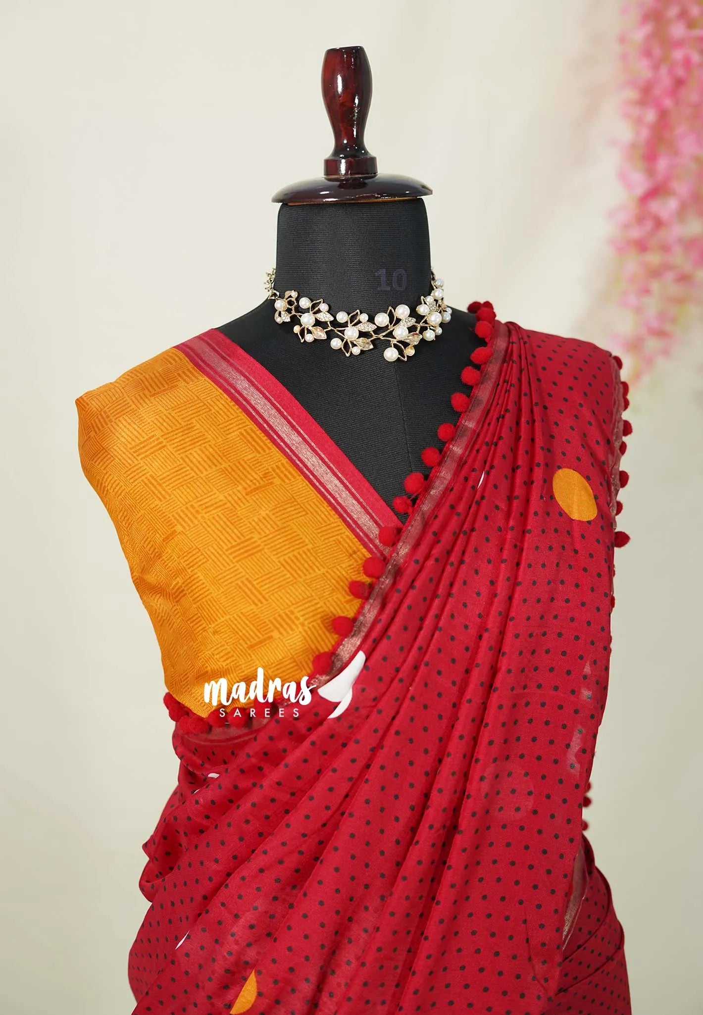 White with Cherry Red - Isha - Chanderi Cotton Saree Half and Half Design with Pompoms - Best for Casual Wear