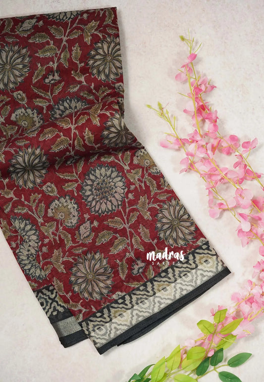 Reddish Maroon - Kalanjali Soft silk cotton with Floral Prints Saree - Best for Office Wear | Casual Wear