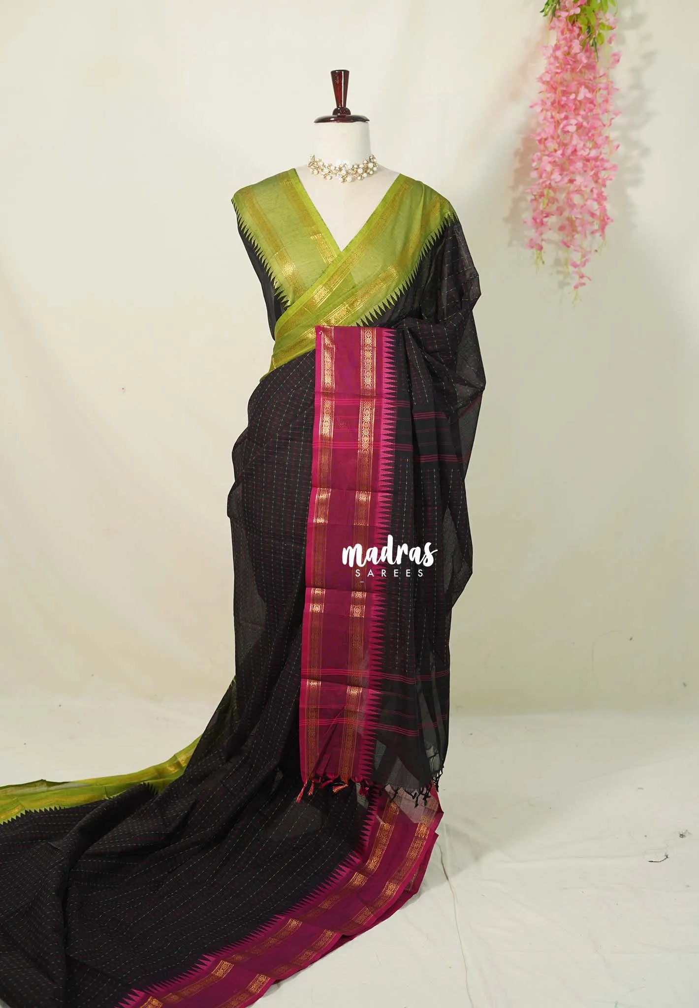 Karthigai silk cotton saree plus buttas body with ganga jamuna border - Black