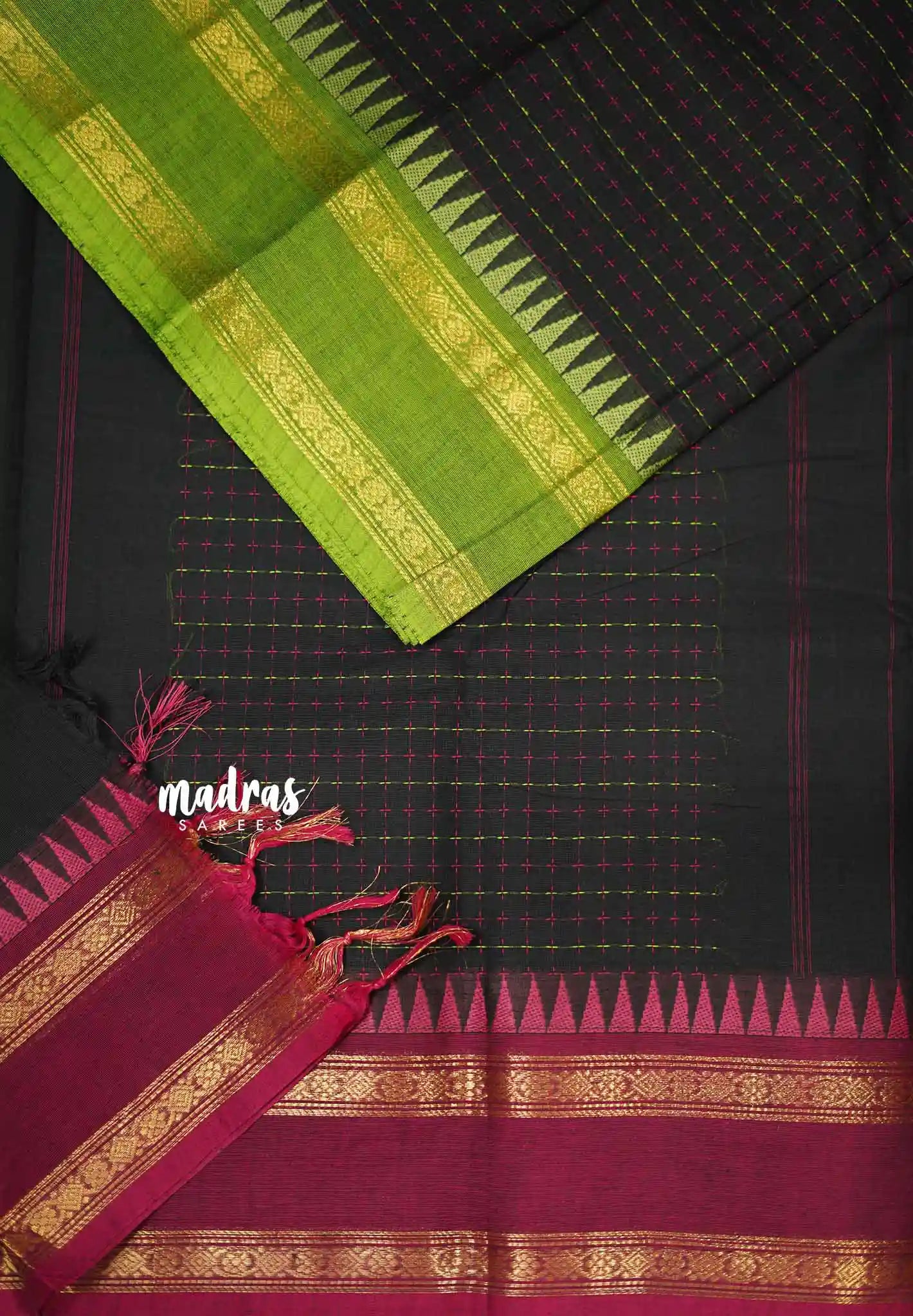 Karthigai silk cotton plus buttas body with ganga jamuna border - Black - Madras Sarees 