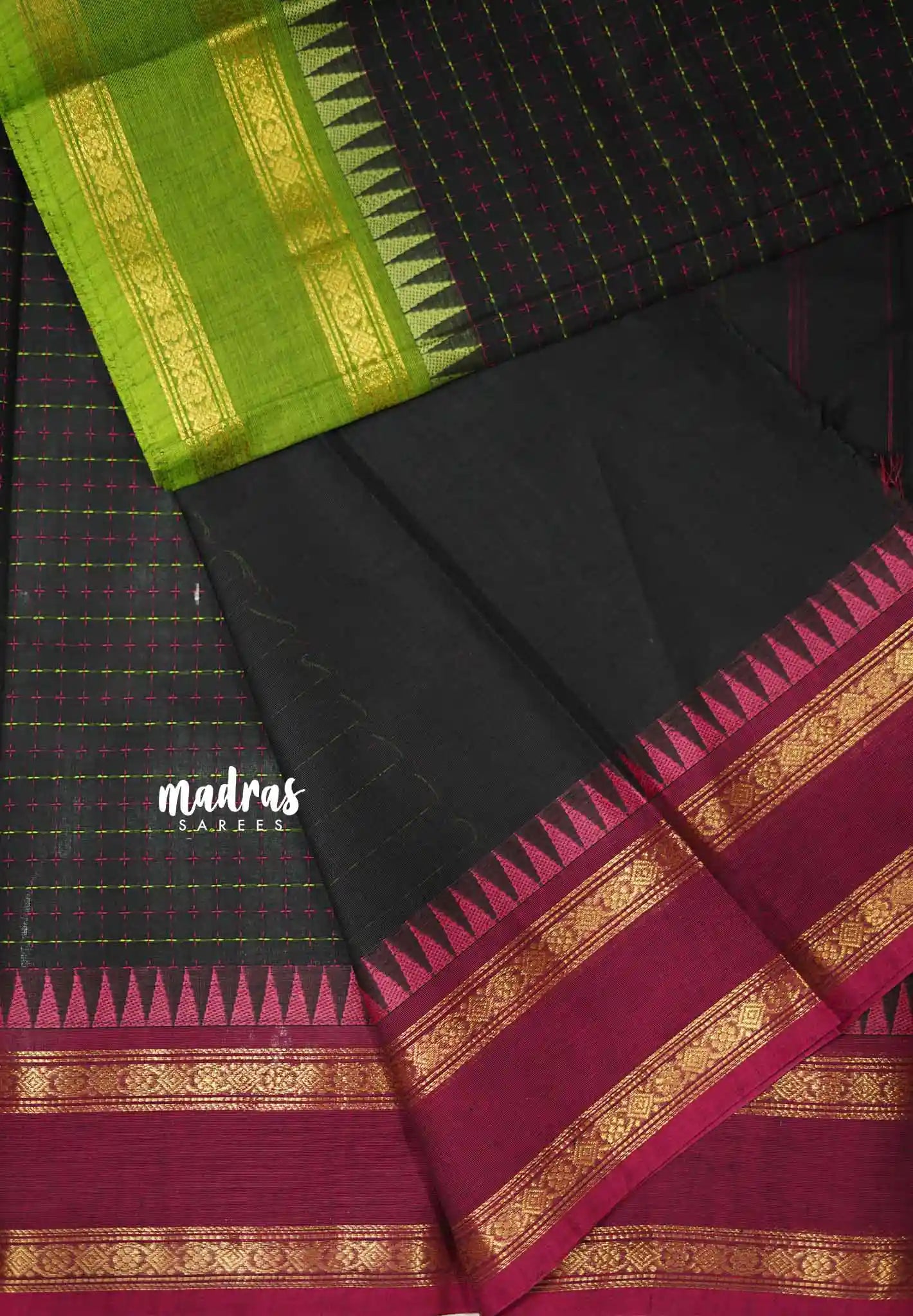 Karthigai silk cotton plus buttas body with ganga jamuna border - Black - Madras Sarees 
