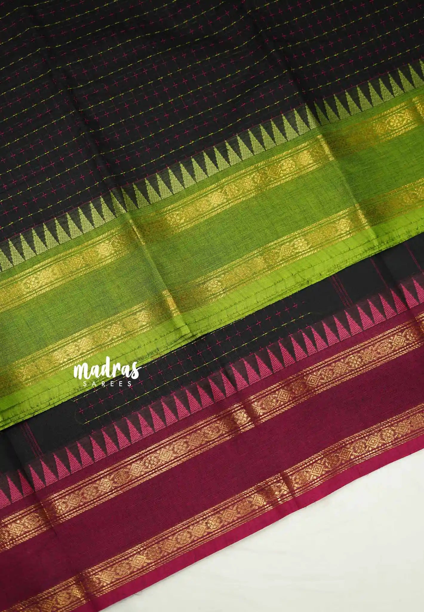 Karthigai silk cotton plus buttas body with ganga jamuna border - Black - Madras Sarees 