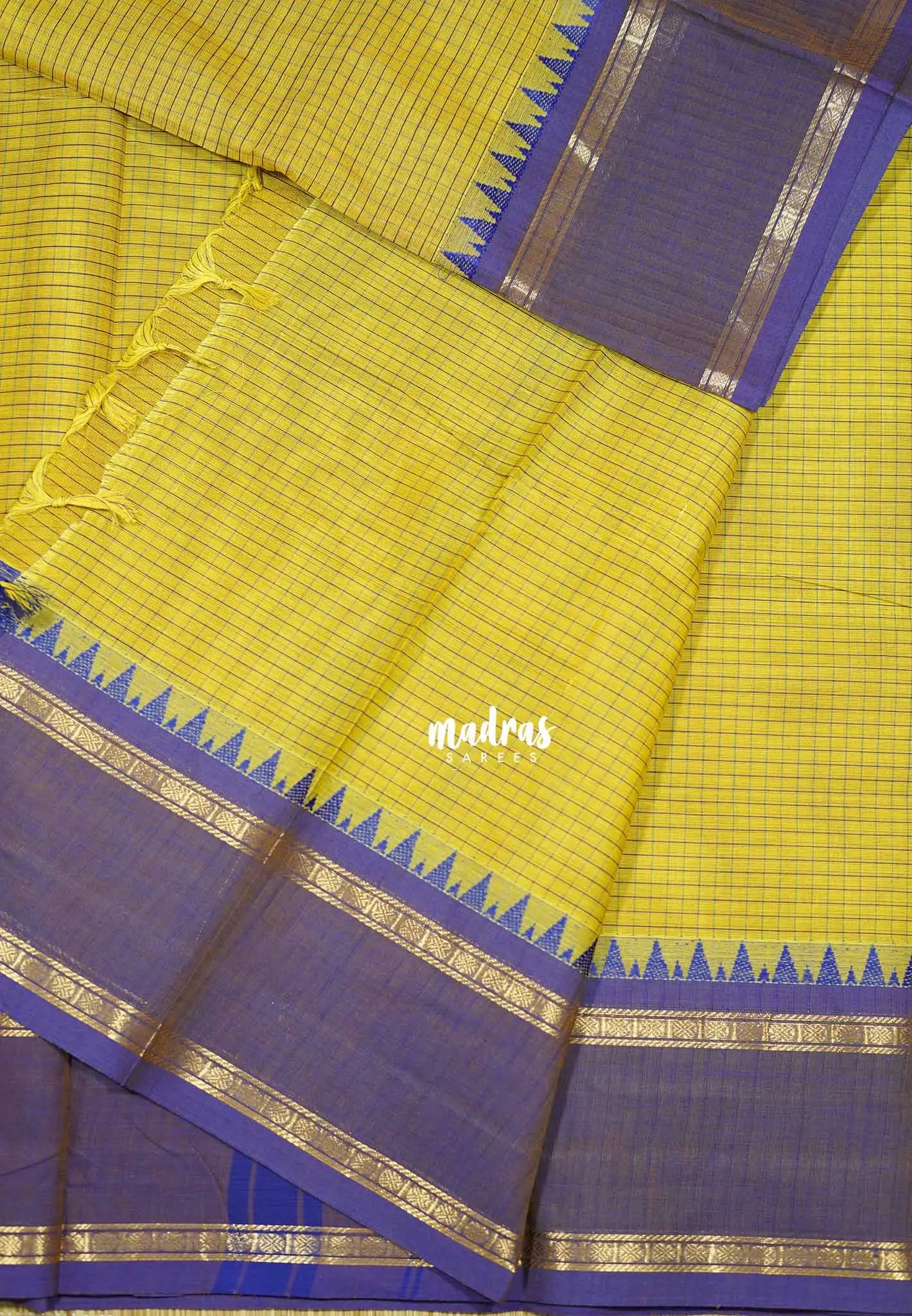 Greenish Yellow -  Karthigai silk cotton Saree rettapeta border with muthu kattam