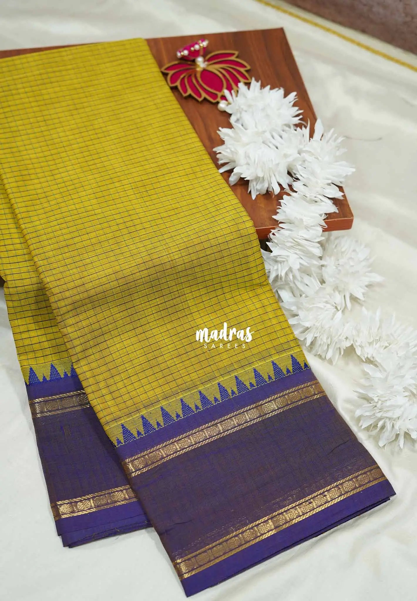 Greenish Yellow -  Karthigai silk cotton Saree rettapeta border with muthu kattam