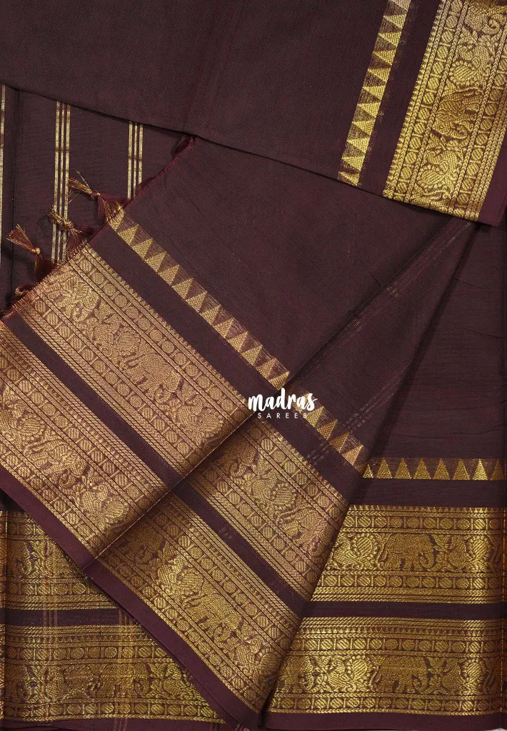 Coffee Brown - Karthigai silk cotton saree with plain body annam yanai double border - Best for Wedding Functions