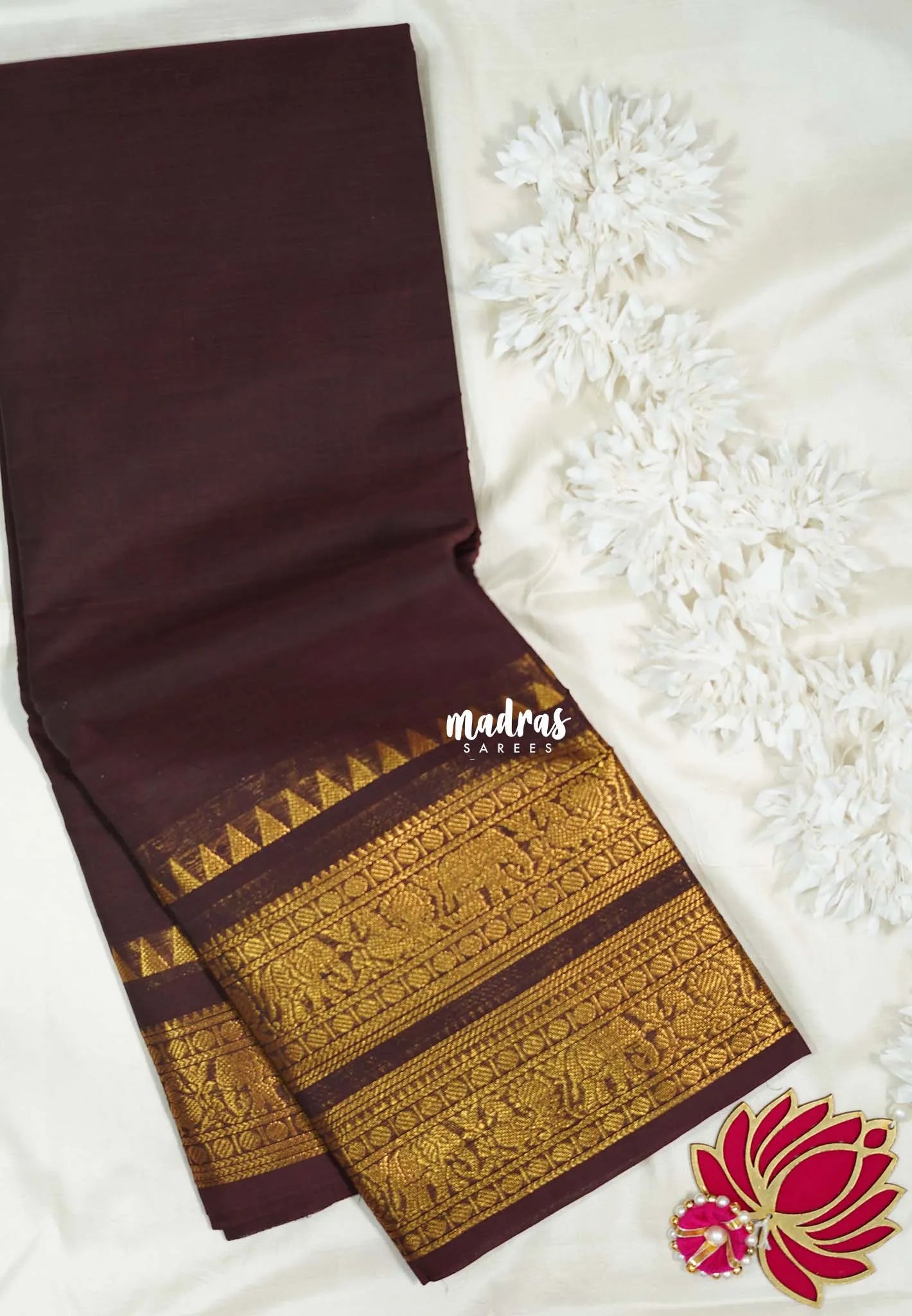 Coffee Brown - Karthigai silk cotton saree with plain body annam yanai double border - Best for Wedding Functions