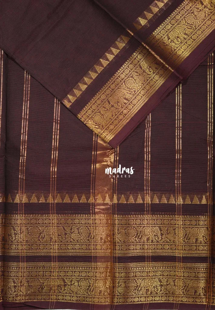 Coffee Brown - Karthigai silk cotton saree with plain body annam yanai double border - Best for Wedding Functions
