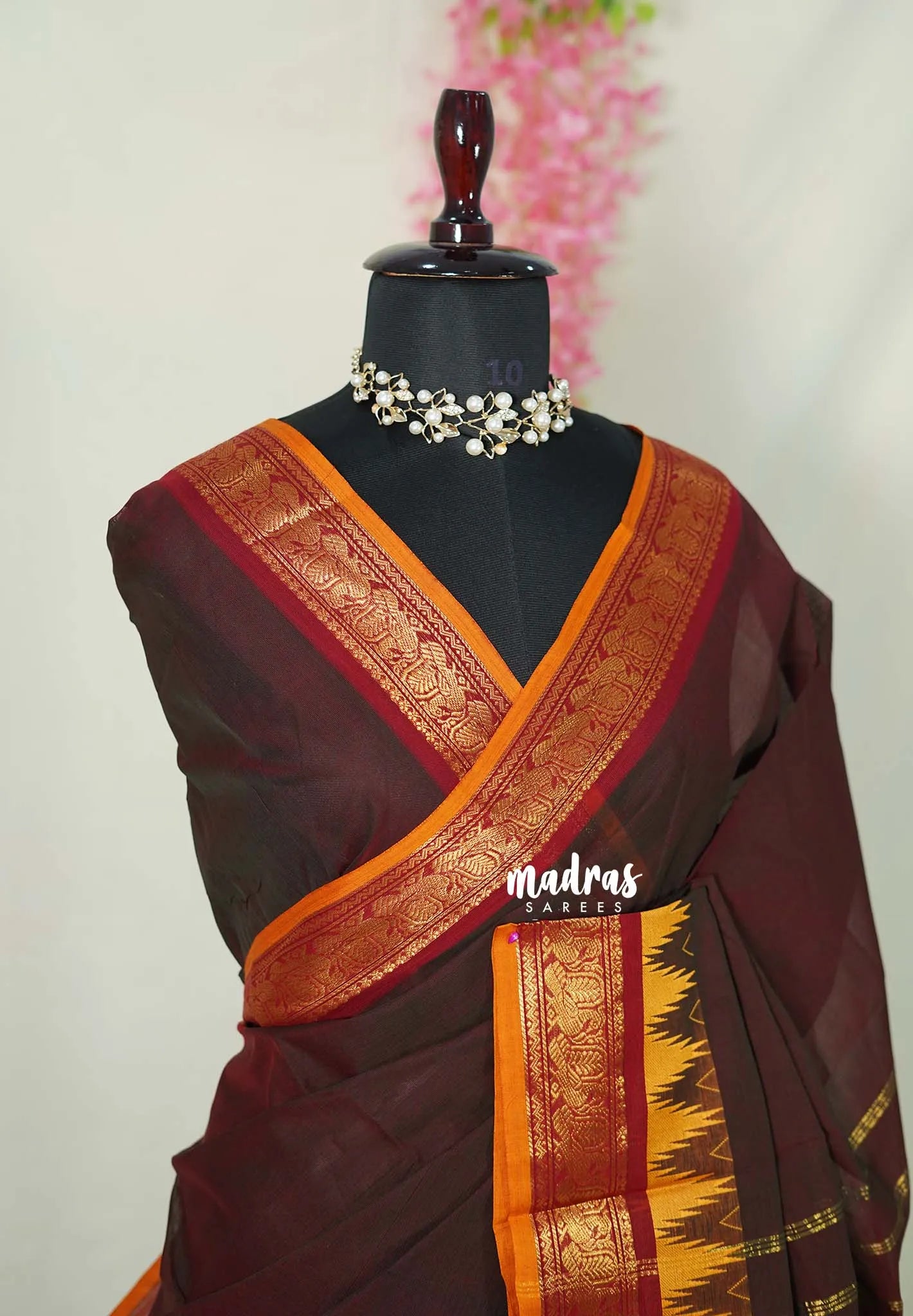 Coffee Brown - Karthigai silk cotton Saree Big Gopuram Temple Peacock - Perfect for Festive Wear
