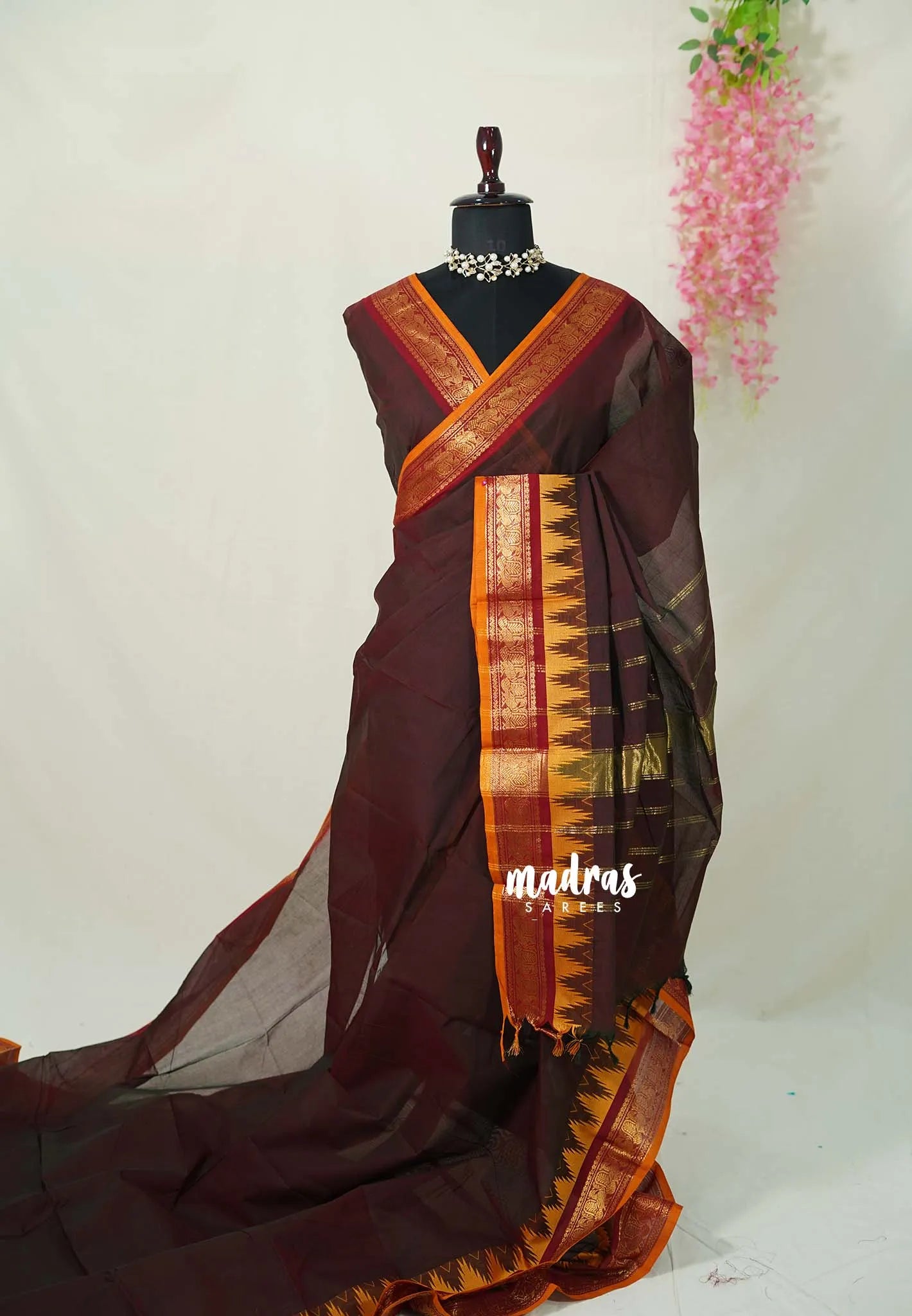 Coffee Brown - Karthigai silk cotton Saree Big Gopuram Temple Peacock - Perfect for Festive Wear
