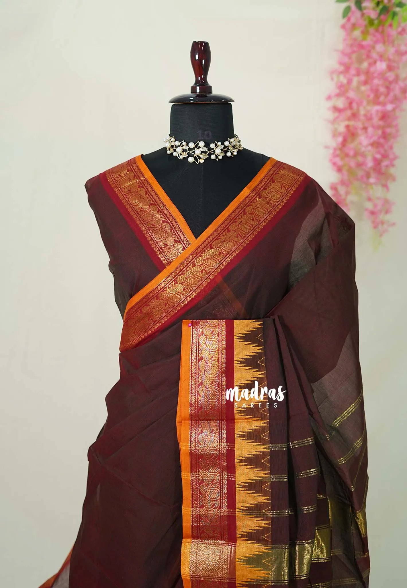 Coffee Brown - Karthigai silk cotton Saree Big Gopuram Temple Peacock - Perfect for Festive Wear