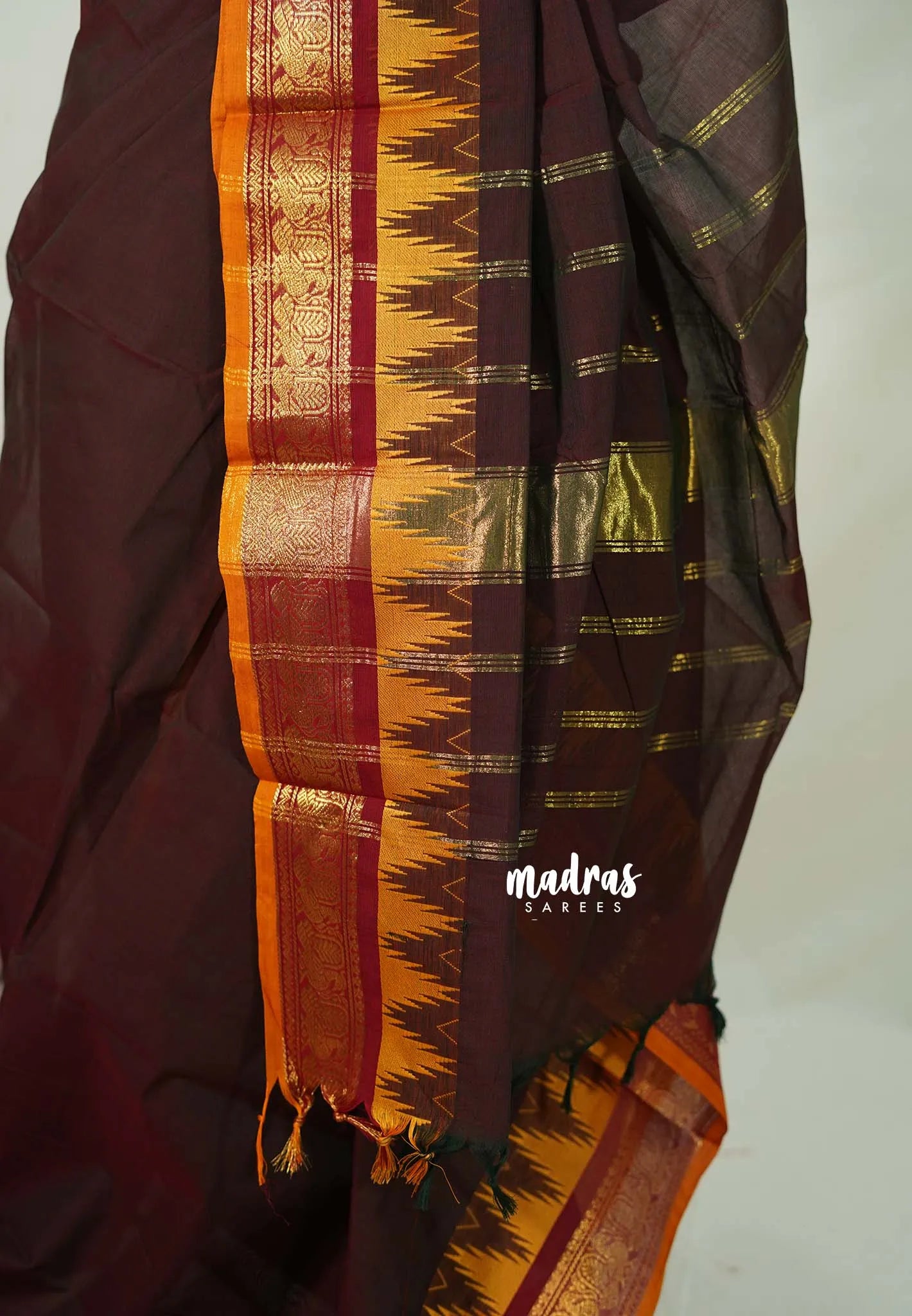 Coffee Brown - Karthigai silk cotton Saree Big Gopuram Temple Peacock - Perfect for Festive Wear