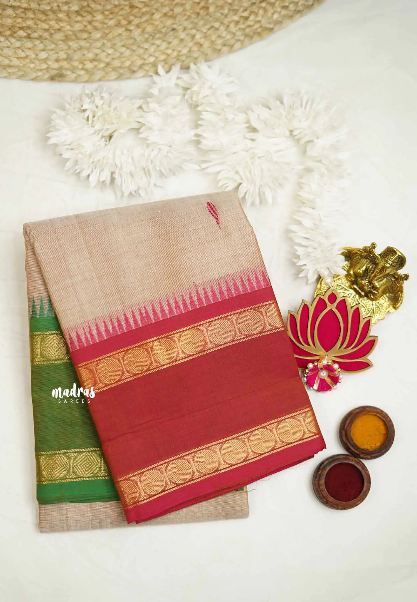 Karthigai silk cotton Rudhraksham Ganga Jamuna border  - Beige color - Madras Sarees 