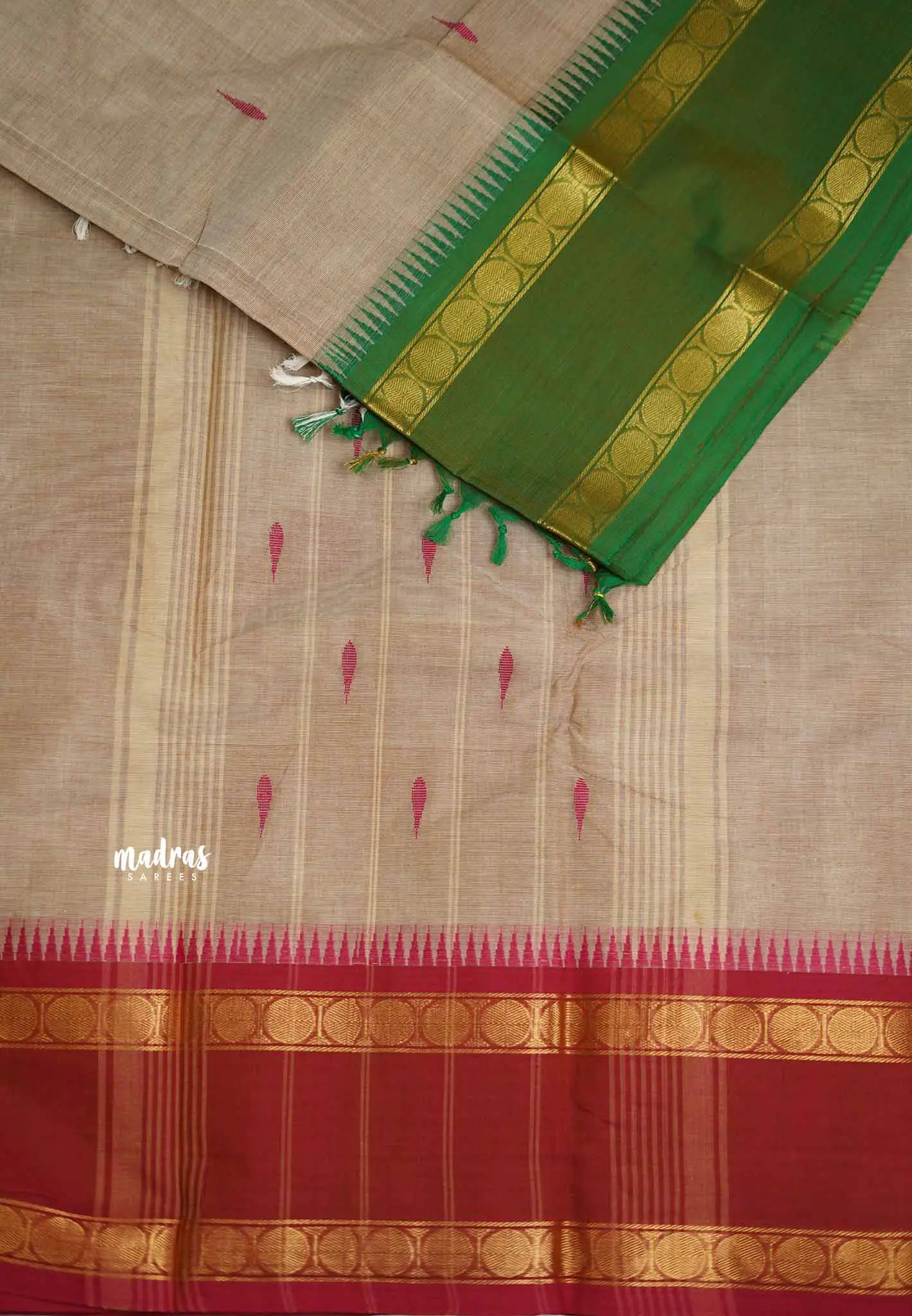 Karthigai silk cotton Rudhraksham Ganga Jamuna border  - Beige color - Madras Sarees 