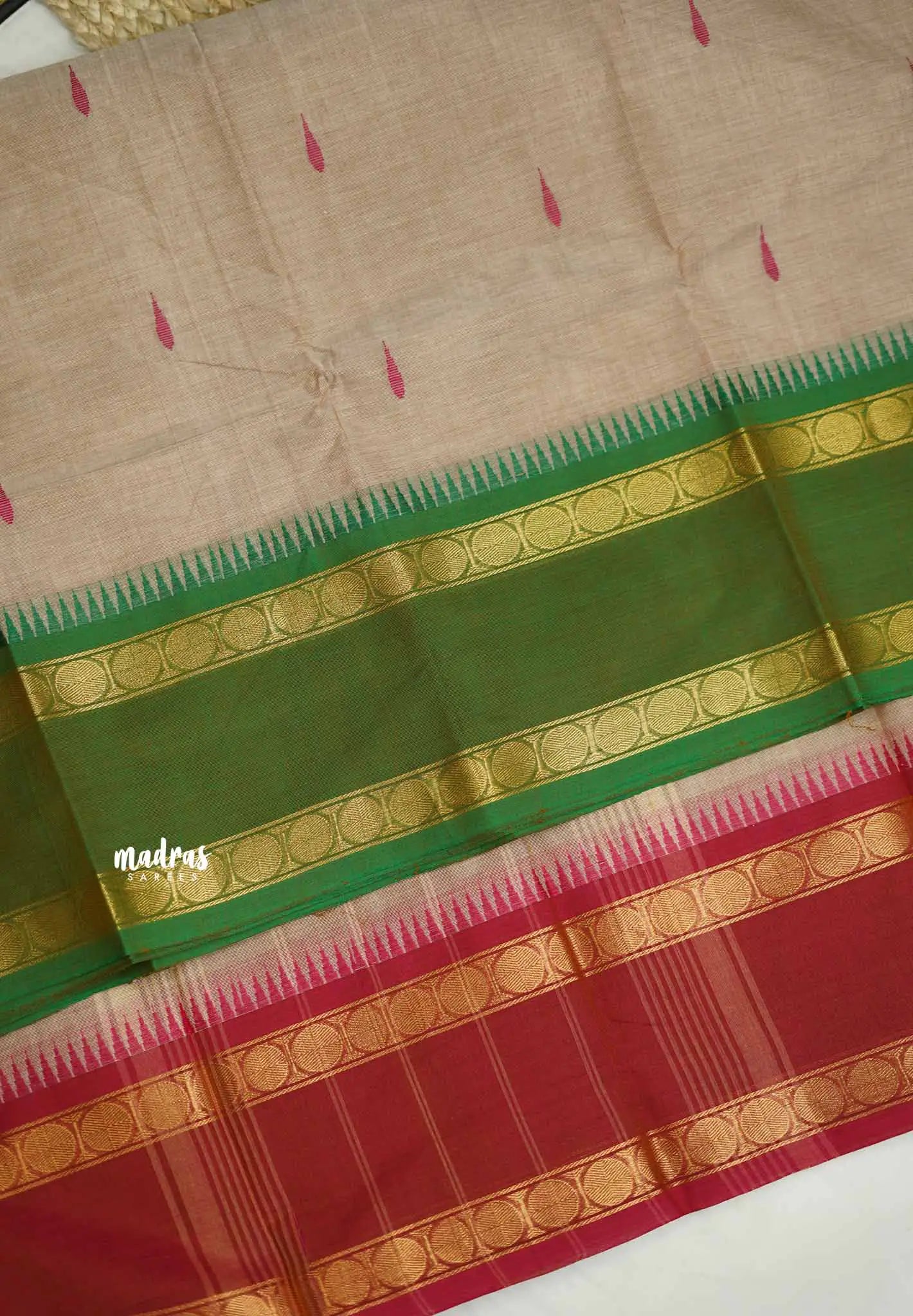 Karthigai silk cotton Rudhraksham Ganga Jamuna border  - Beige color - Madras Sarees 