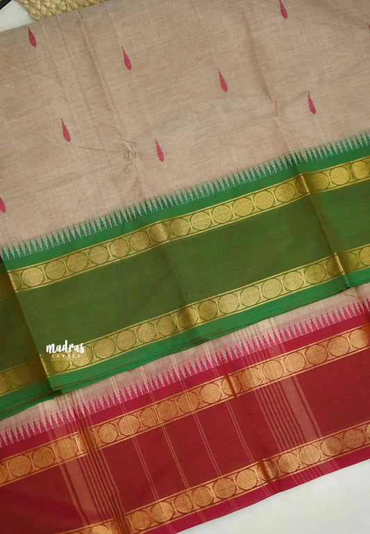 Karthigai silk cotton Rudhraksham Ganga Jamuna border  - Beige color - Madras Sarees 