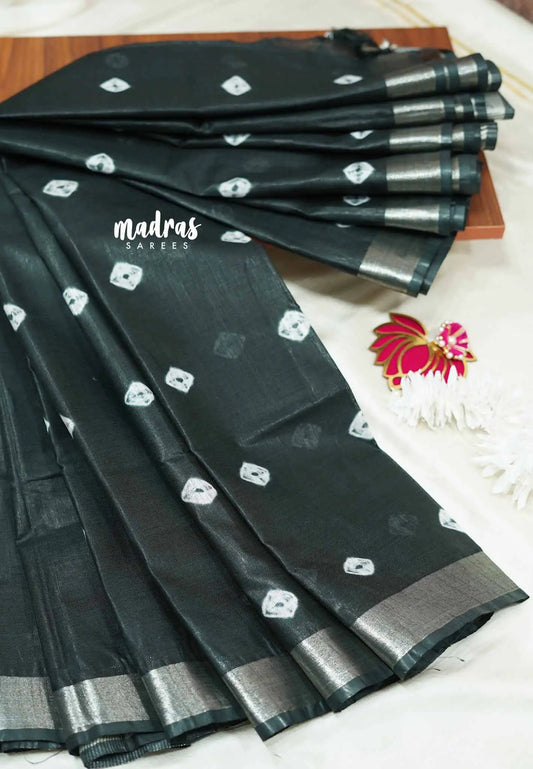 Black - Handloom Cotton and silk Saree with shibori prints