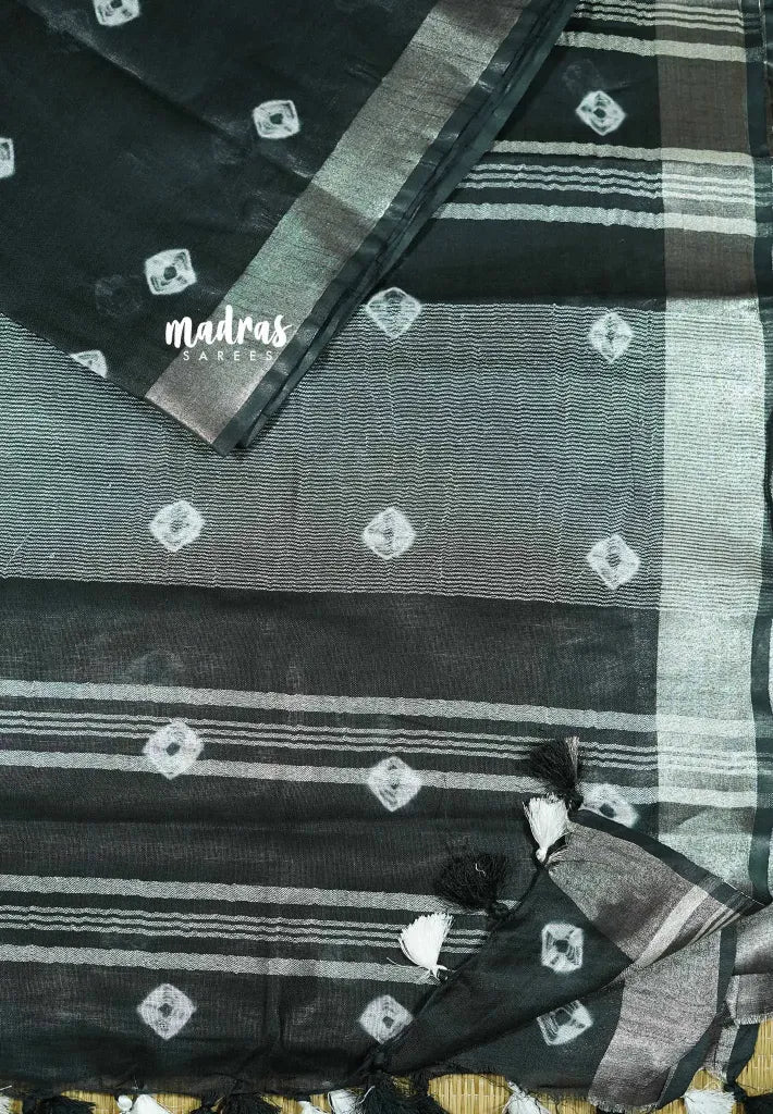 Black - Handloom Cotton and silk Saree with shibori prints