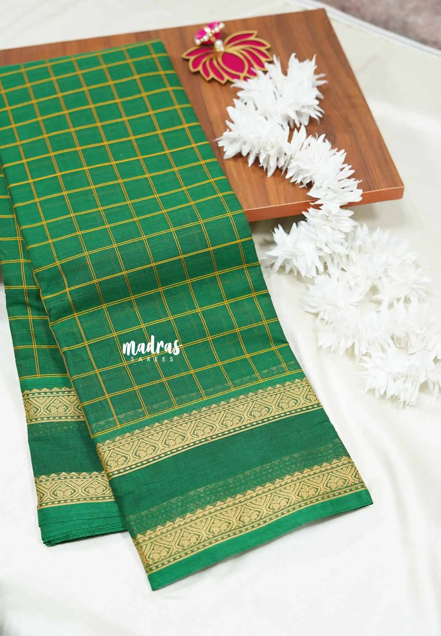 Green - Korvai silk cotton Saree thread weaving rettapet border rich pallu With kattam body