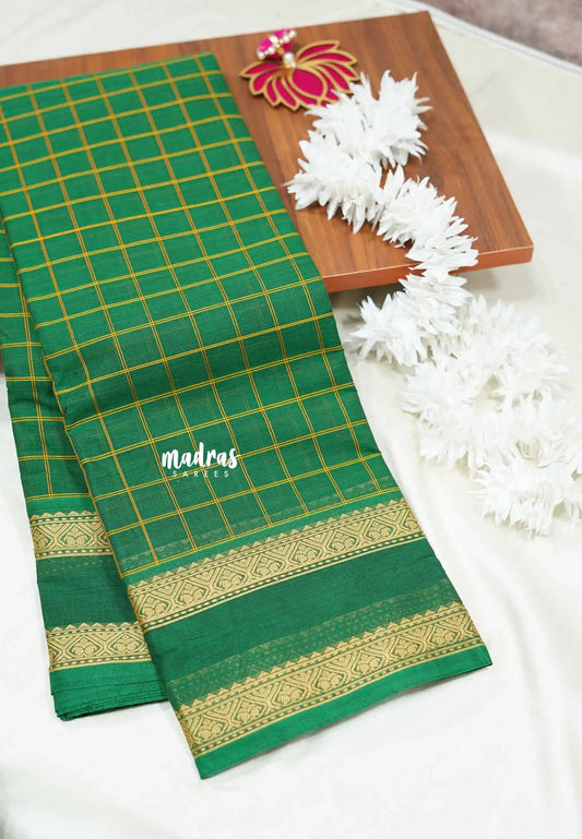 Green - Korvai silk cotton Saree thread weaving rettapet border rich pallu With kattam body