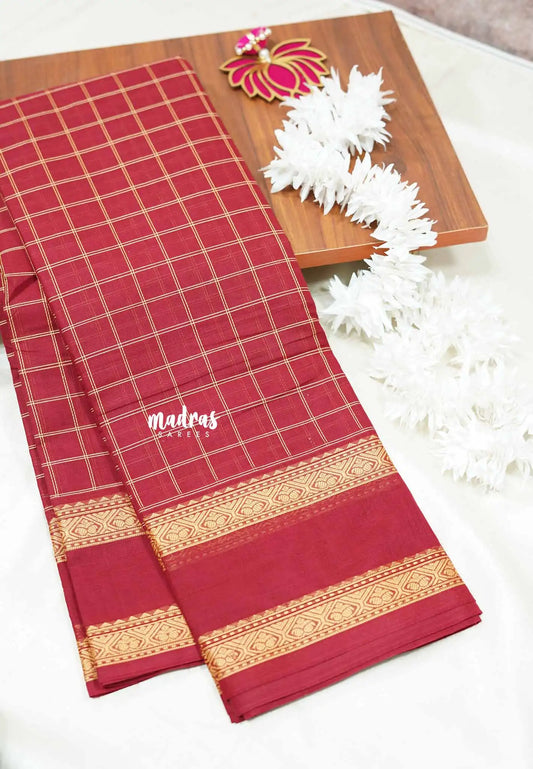 Maroon - Korvai silk cotton Saree thread weaving rettapet border rich pallu With kattam body