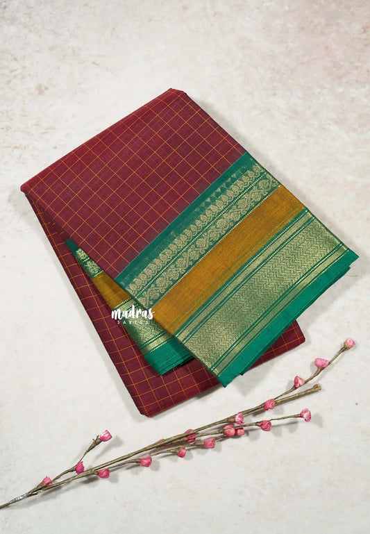Maroon Korvai silk cotton Saree muthukattam rich pallu with skirt border
