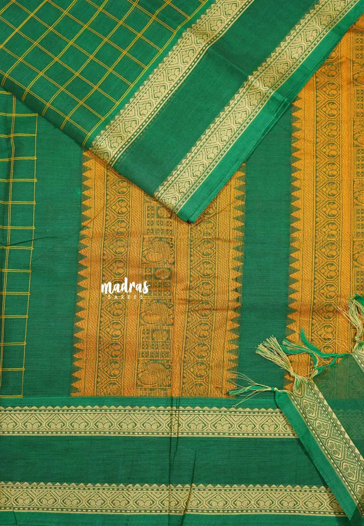 Green - Korvai silk cotton Saree thread weaving rettapet border rich pallu With kattam body