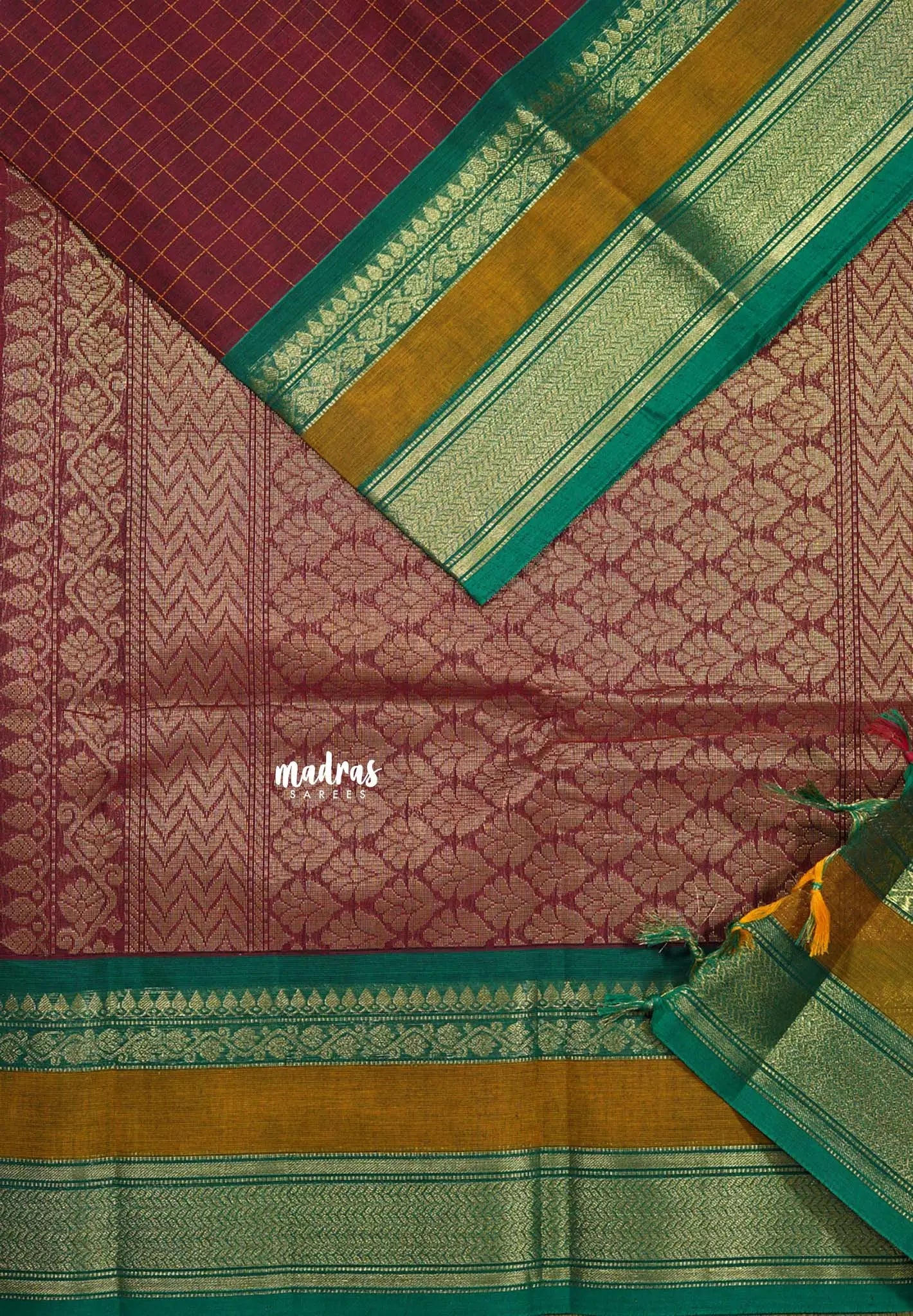 Maroon Korvai silk cotton Saree muthukattam rich pallu with skirt border