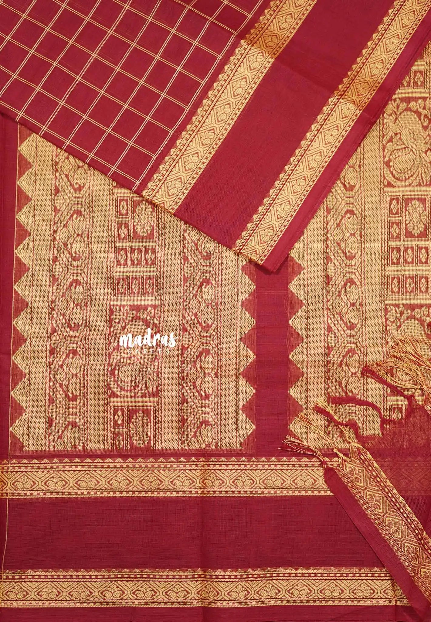 Maroon - Korvai silk cotton Saree thread weaving rettapet border rich pallu With kattam body
