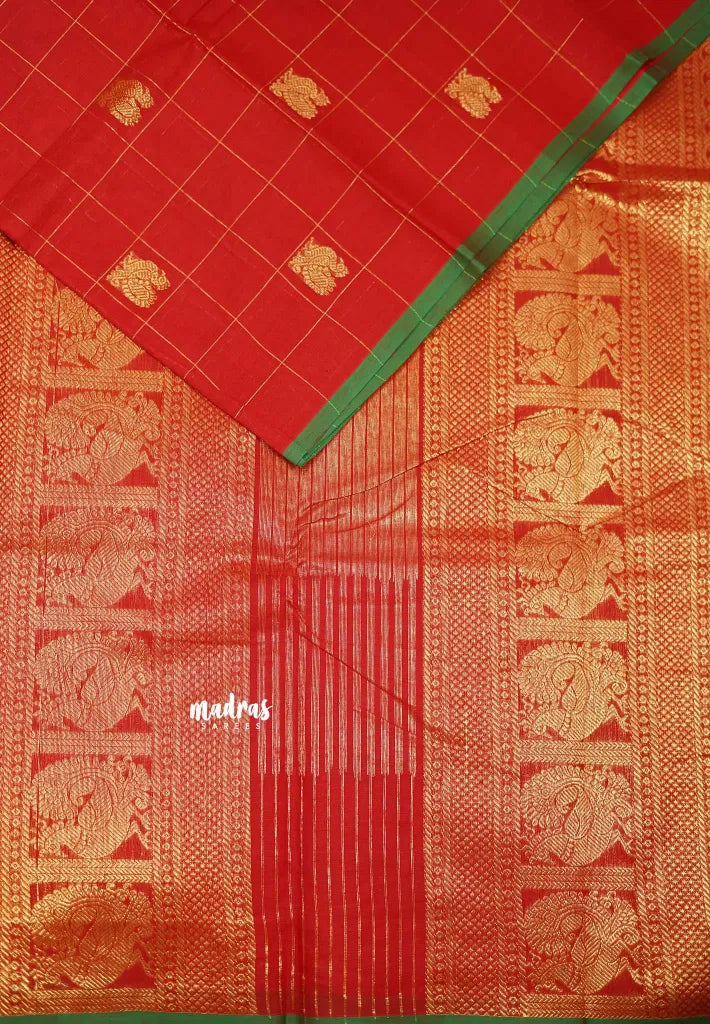 Korvai silk cotton Checks With annam Buttas Chilli Red Saree