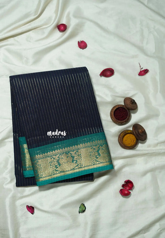 Midnight Blue - Karthigai Silk Cotton saree with Stripes Weaving - Best for Festive Wear