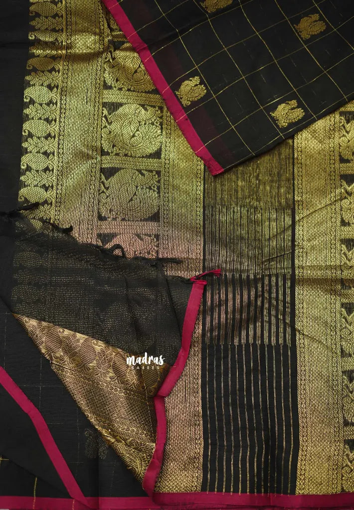 Korvai silk cotton Checks With annam Buttas Black Saree