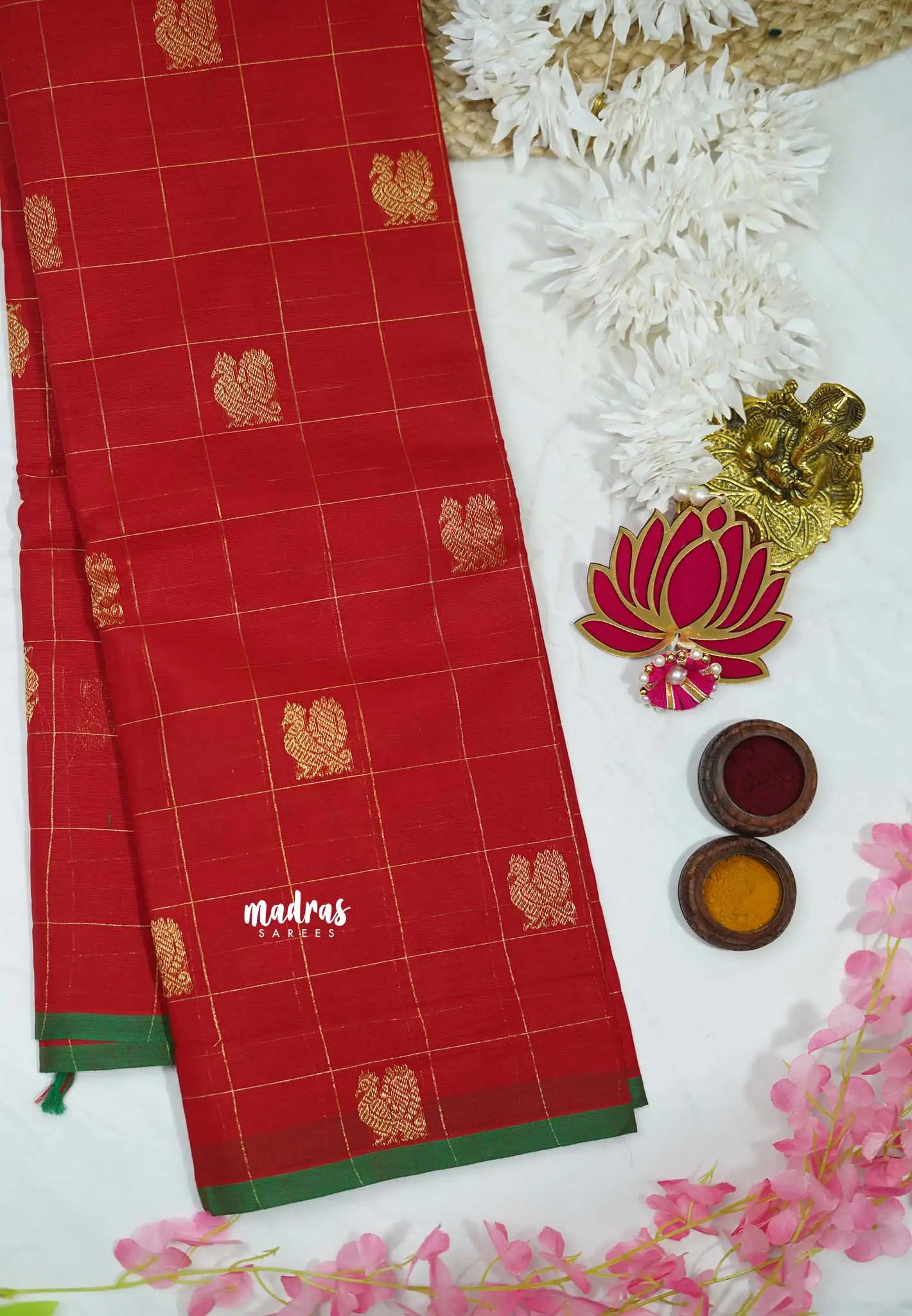 Korvai silk cotton Checks With annam Buttas Chilli Red - Madras Sarees 