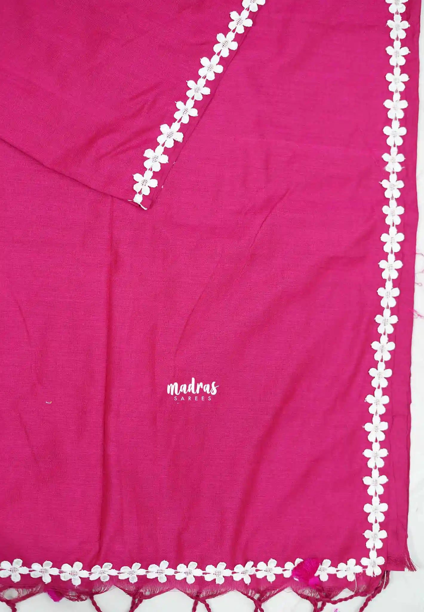 Leela -  Plain Handloom cotton Saree with floral lace border - Rani pink