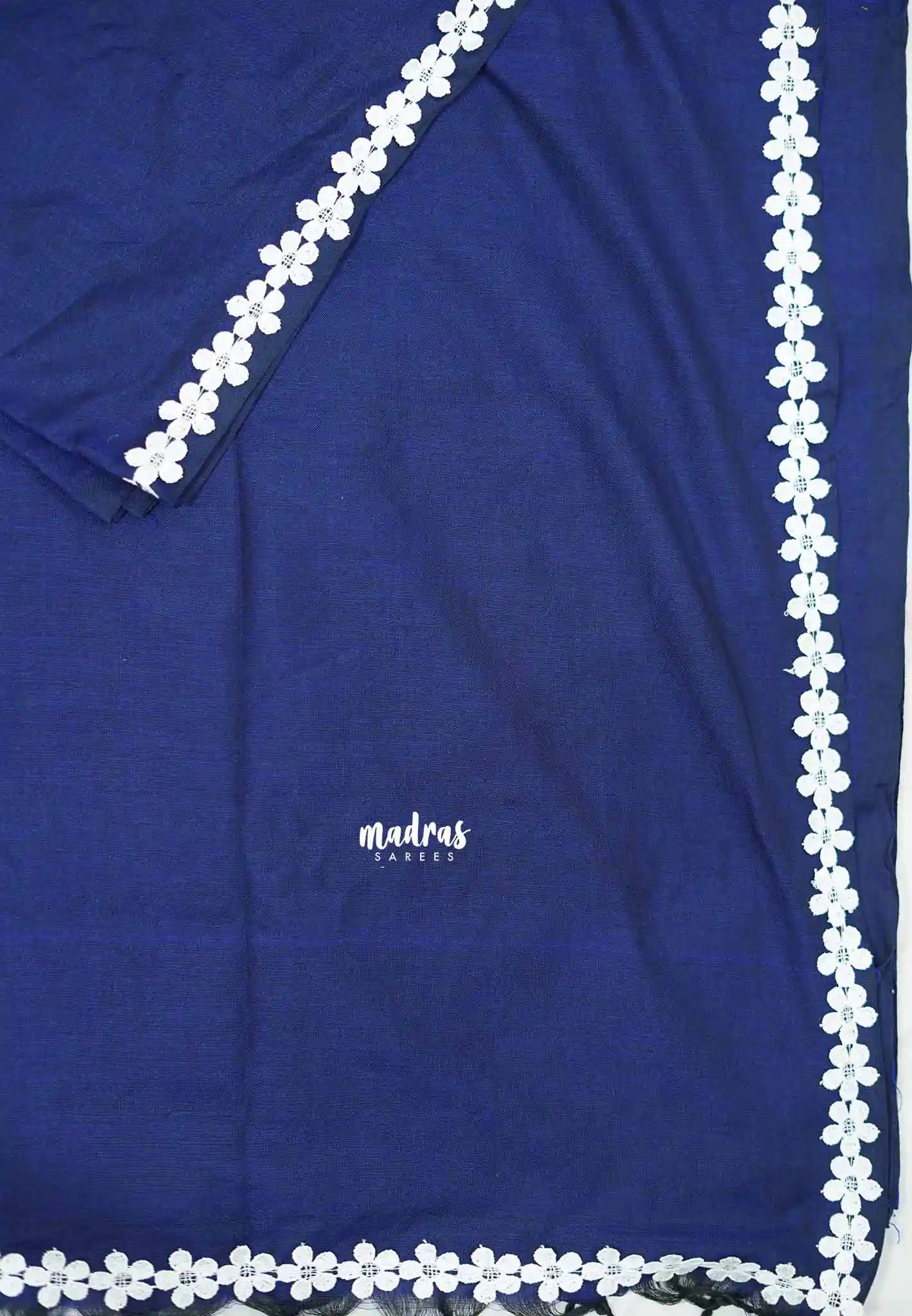 Leela -  Plain Handloom cotton Saree with floral lace border - Deep blue